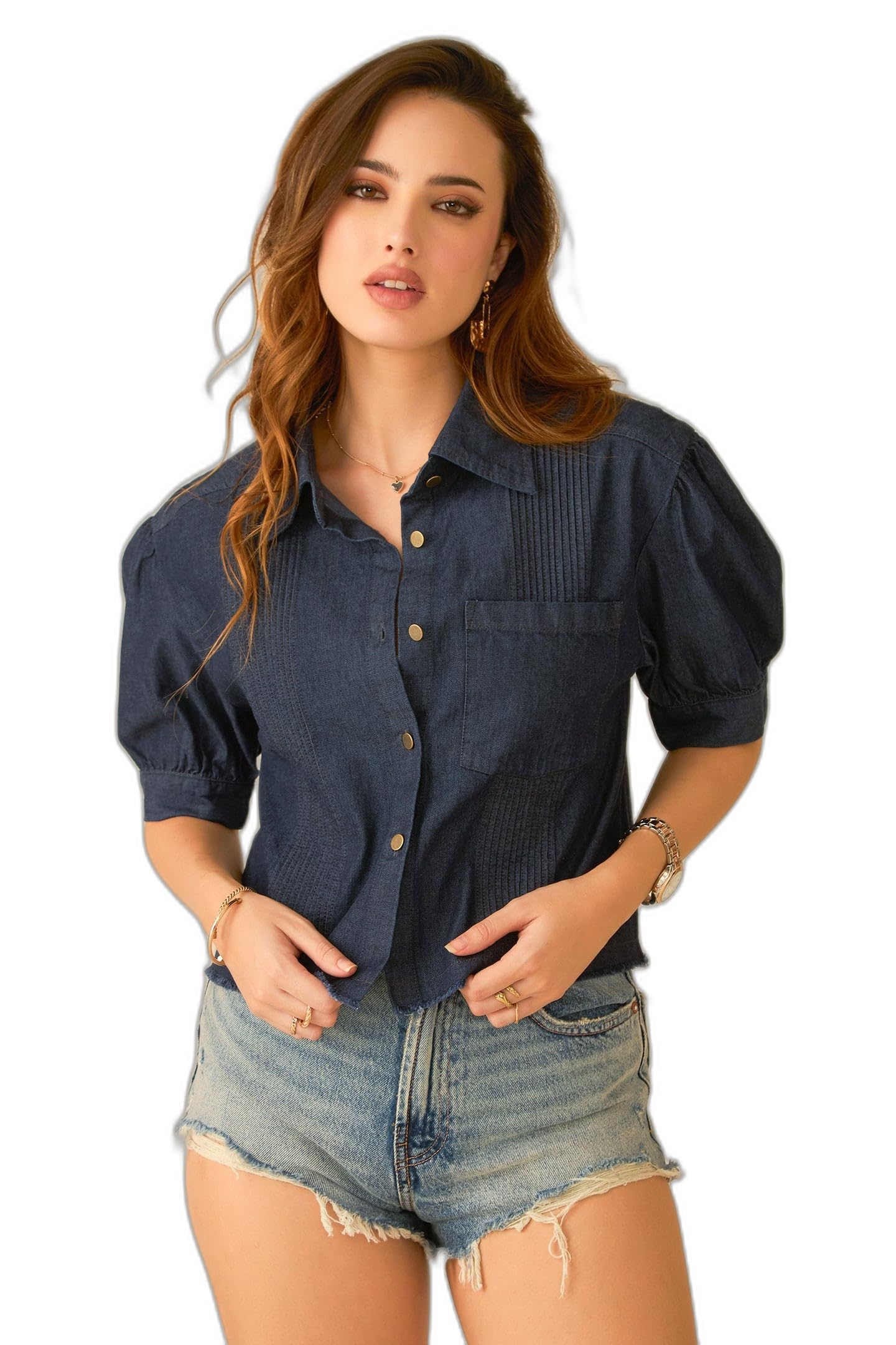 virgio Women 100% Cotton Denim Crop Shirt Regular Fit Button Down Front Collared Casual Daywear Top Stylish Lightweight Cropped Denim Shirt for Women and Girls-picture-27