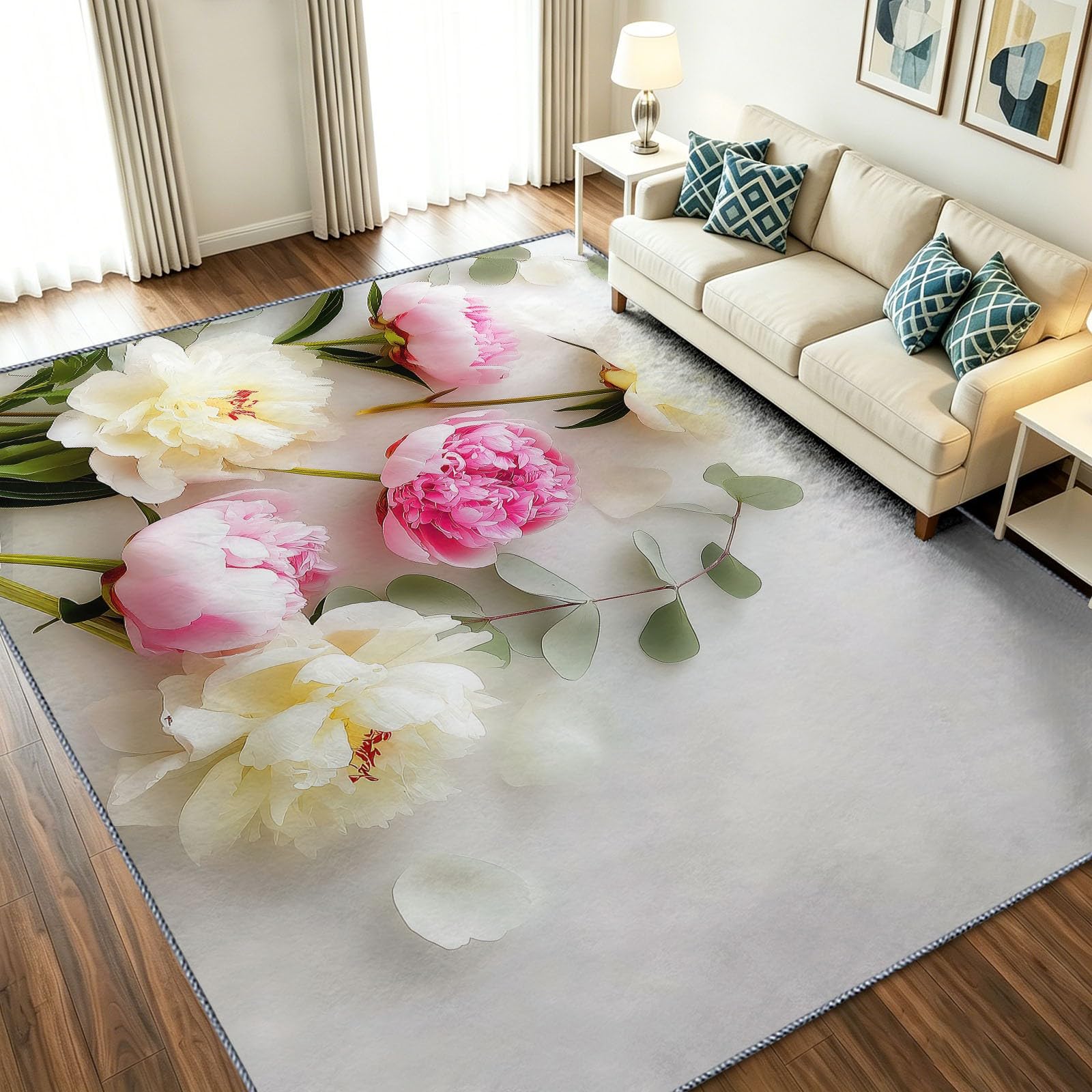 Générique Tapis Botanique Pivoine Feuille Verte 140 x 200 cm - Tapis Salon Flowers Minimalisme Esthétique Chambre - Moquette Antidérapant Lavable Doux à Poils Ras - Décoration Intérieure