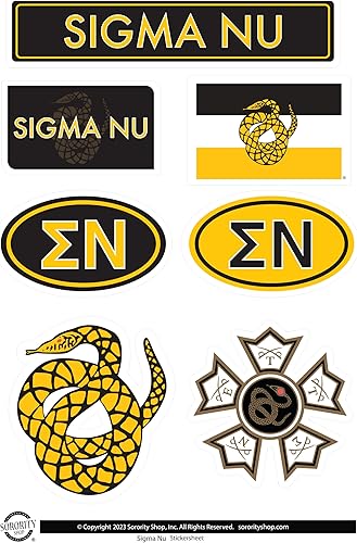 Miniatura 6 de Hojas de calcomanías Fraternity Sigma Nu  Calcomanías de vinilo diseñadas a medida con diseños oficiales, adhesivo extraíble, 7 calcomanías por hoja
