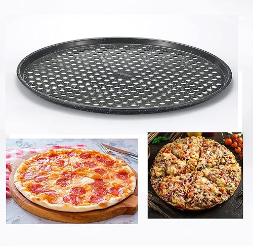 Miniatura 3 de Monfish Sartén para pizza de 14 pulgadas con agujeros, paquete de 2 bandejas de pizza perforadas, bandeja para pizza de acero al carbono, sartén