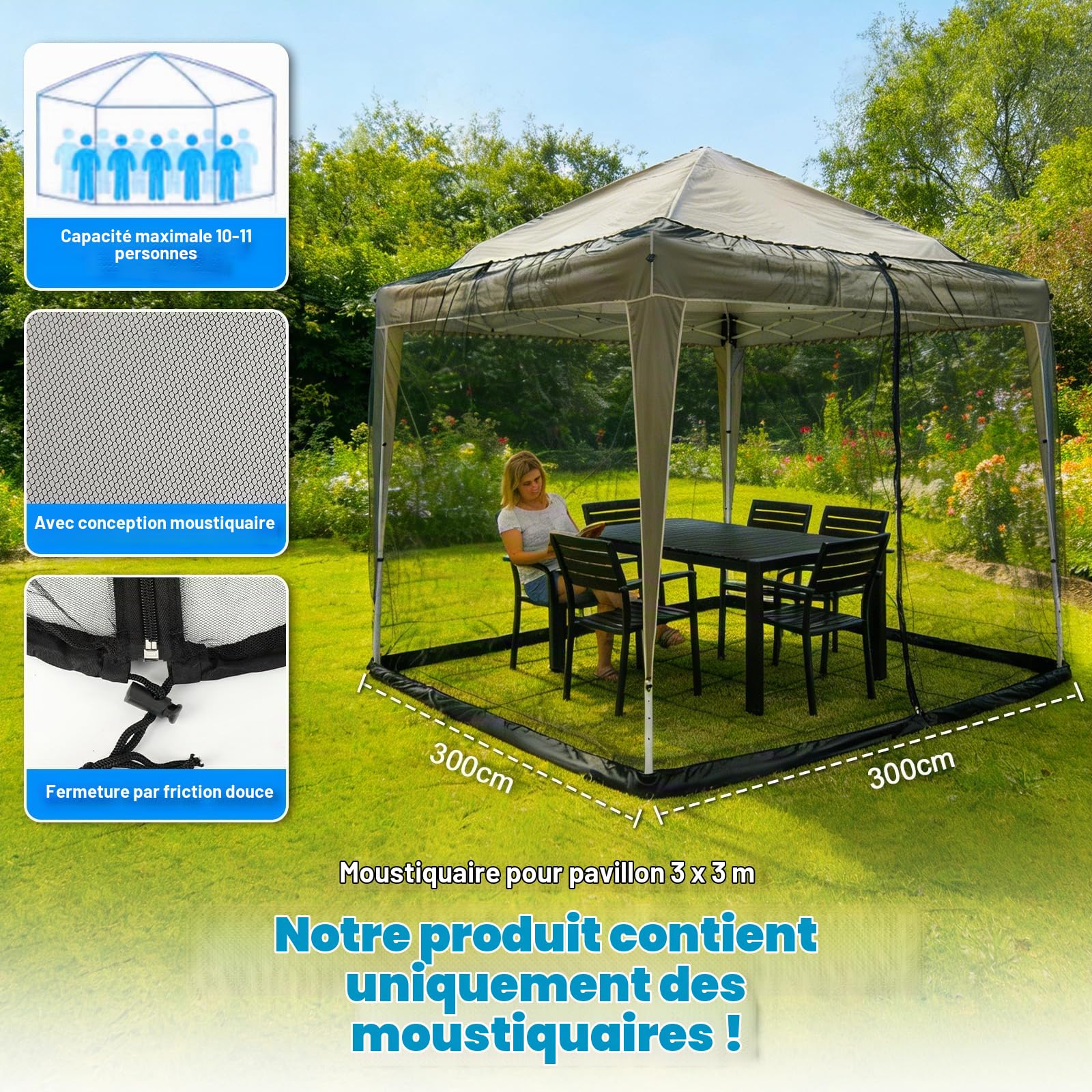Moustiquaire de Parasol, 3x3M Toile de Tonnelle Moustiquaire Exterieur avec 2 zippé, Rideau pour Pergola, Filet, Carré, pour Pavillon de Jardin, Noir
