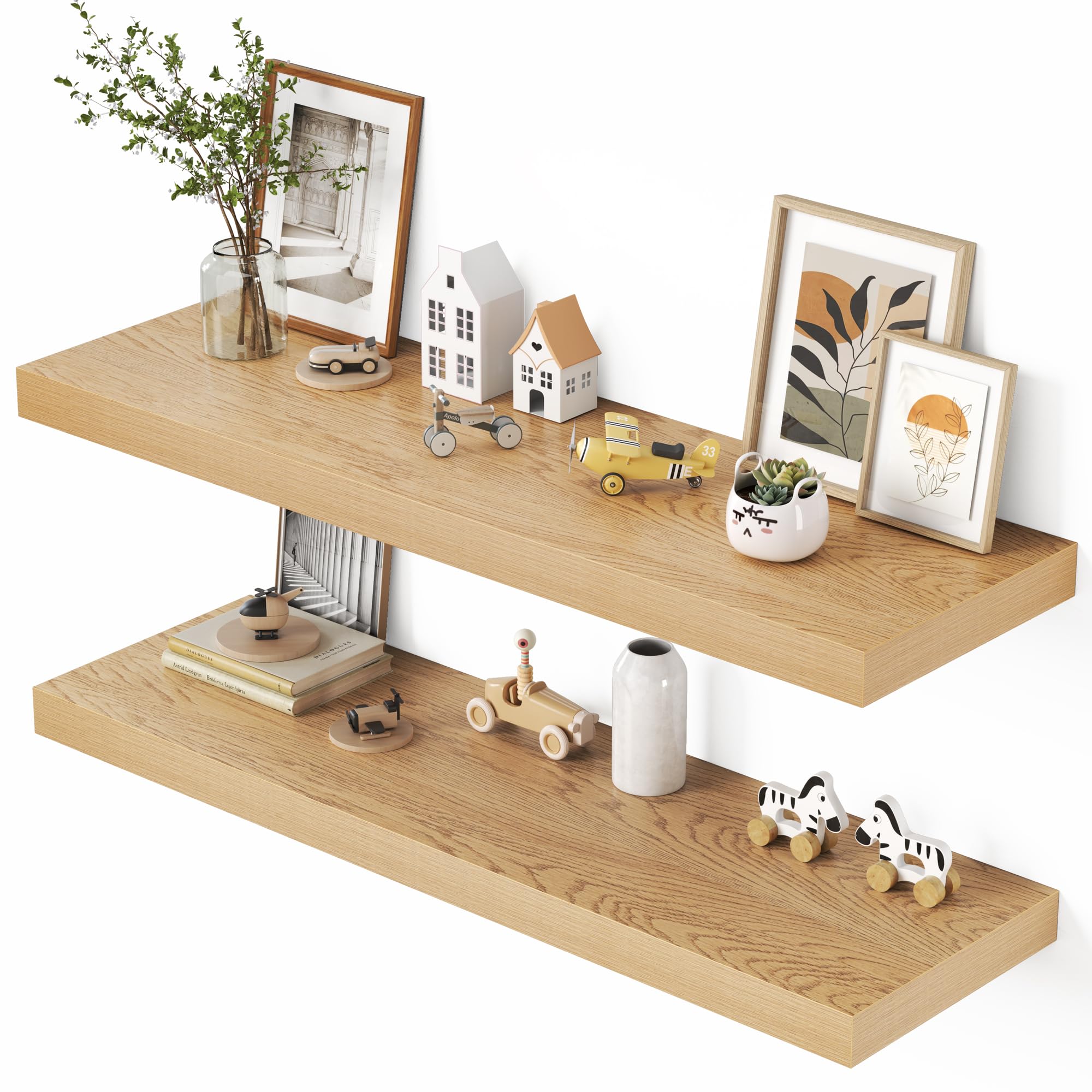 Dreamland 48" Floating Shelves for Wall, 12" Deep Thicker Oak Floating Shelves, Wall-Mounted Shelves for Bedroom, Living Room, Kitchen, Bathroom - Set of 2