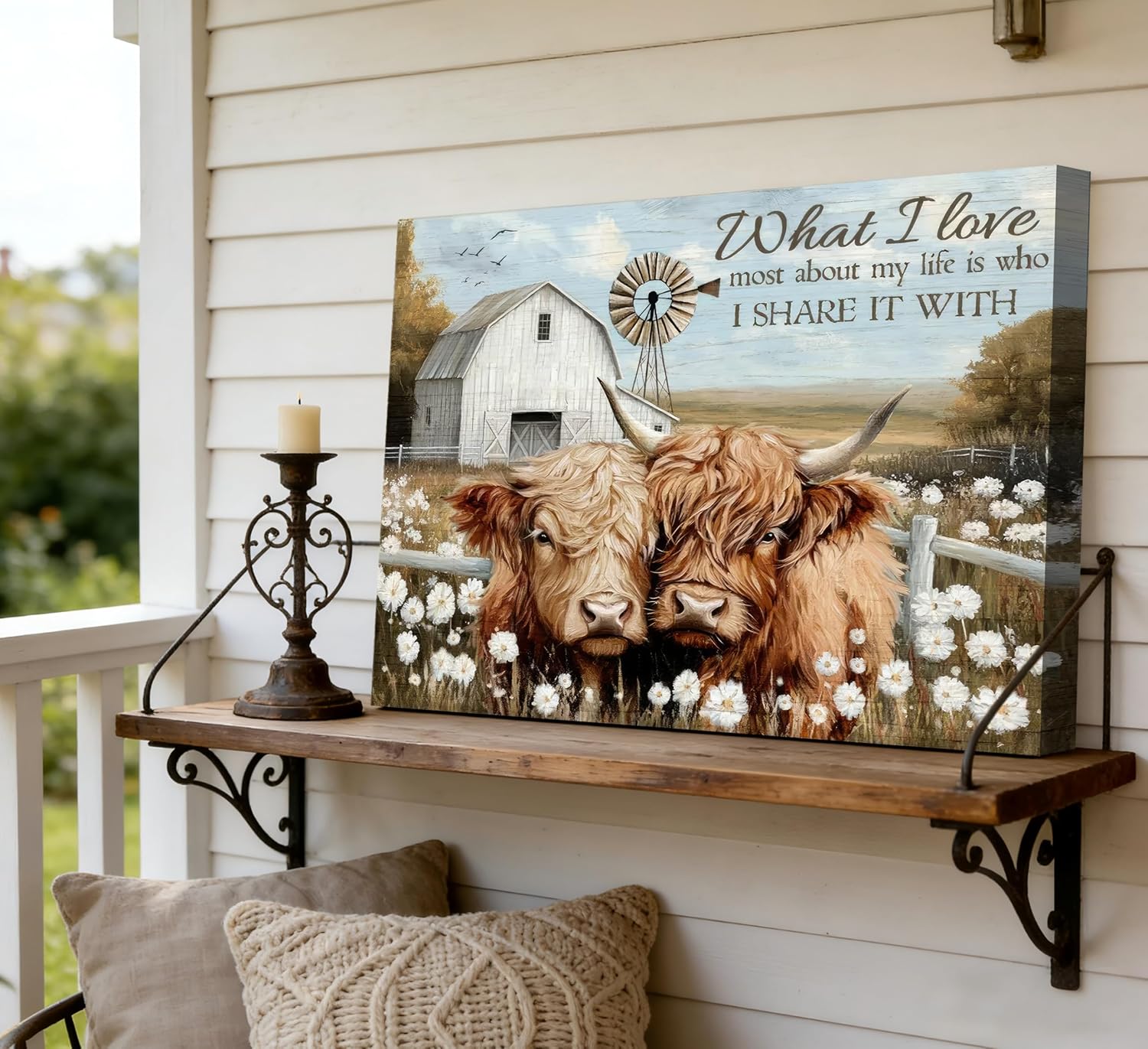 Farmhouse Highland Cow Canvas Wall Art, Rustic Cute Cow Painting Picture Wall Decor, Vintage Animal Love Quote Artwork for Living Room Bedroom Bathroom Home Decoration 16x24 in