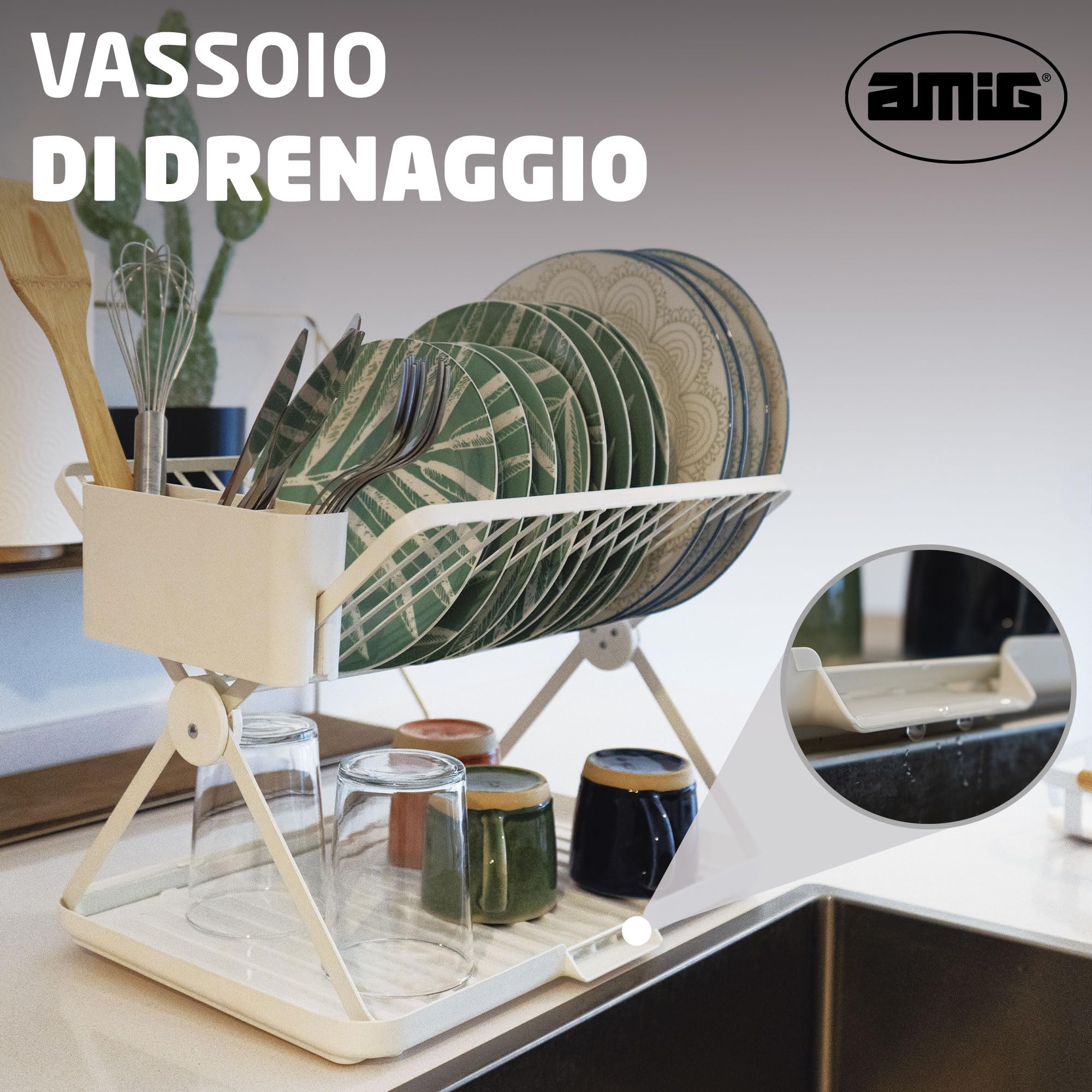 Amig - Scolapiatti Pieghevole Kaplya - 41,5 x 33,2 x 33,8 cm - Acciaio e Plastica - Colore Bianco - Scolapiatti Compatto con Vassoio di Sgocciolamento e Supporto per Posate - Ideale per Piccole Cucine