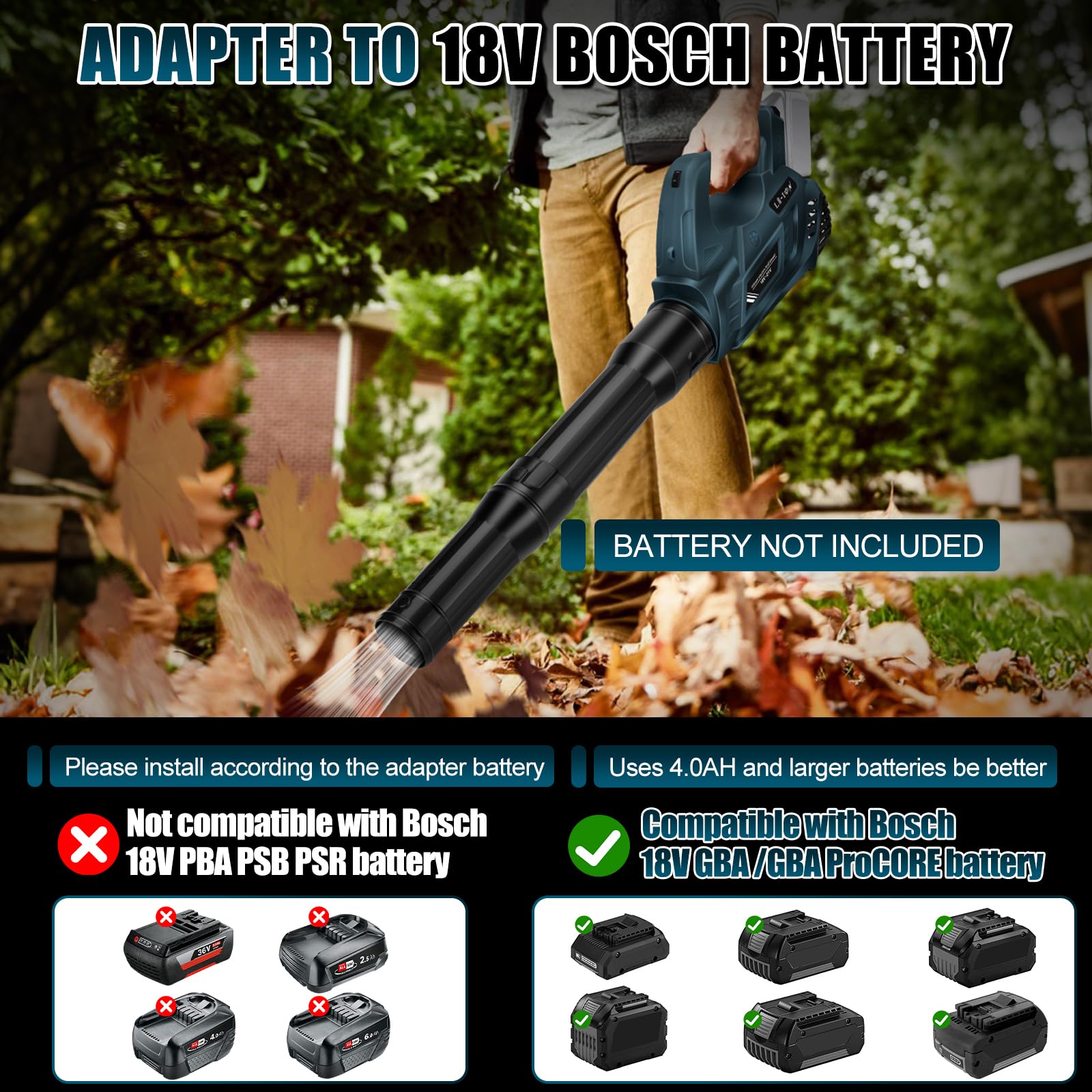 Bezprzewodowa dmuchawa, kompatybilna z Bosch Professional 18 V, akumulator GBA/CORE/Procore/AMPShare, 18 V, 6 prędkości, elektryczna dmuchawa bezszczotkowa, do pielęgnacji trawnika, ogrodu