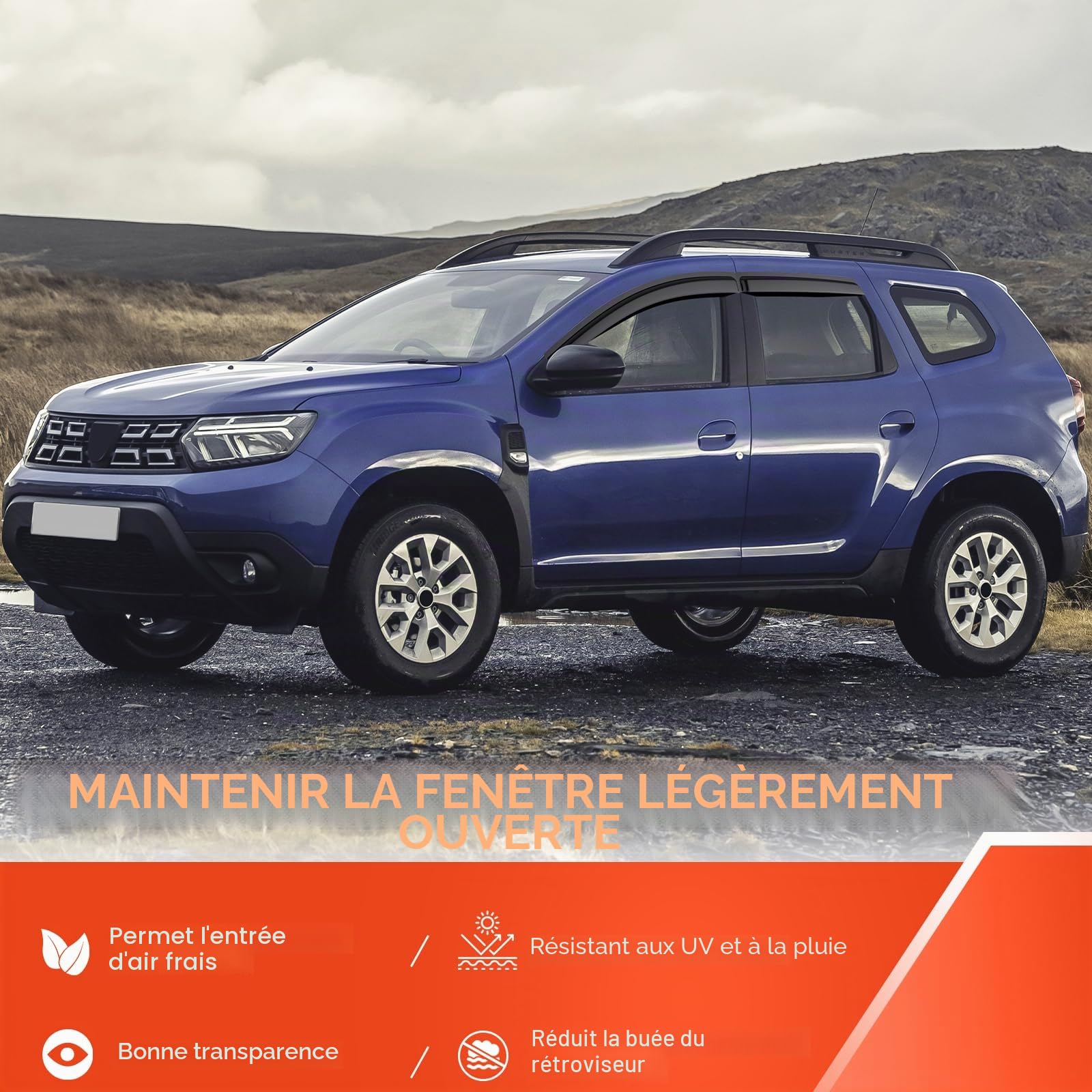 GEARMONSTER Déflecteurs d'air compatibles avec Dacia Duster II 2018-2023, autocollants, déflecteur de vent pour vitre de voiture, protection contre la pluie, 4 pièces, Noir
