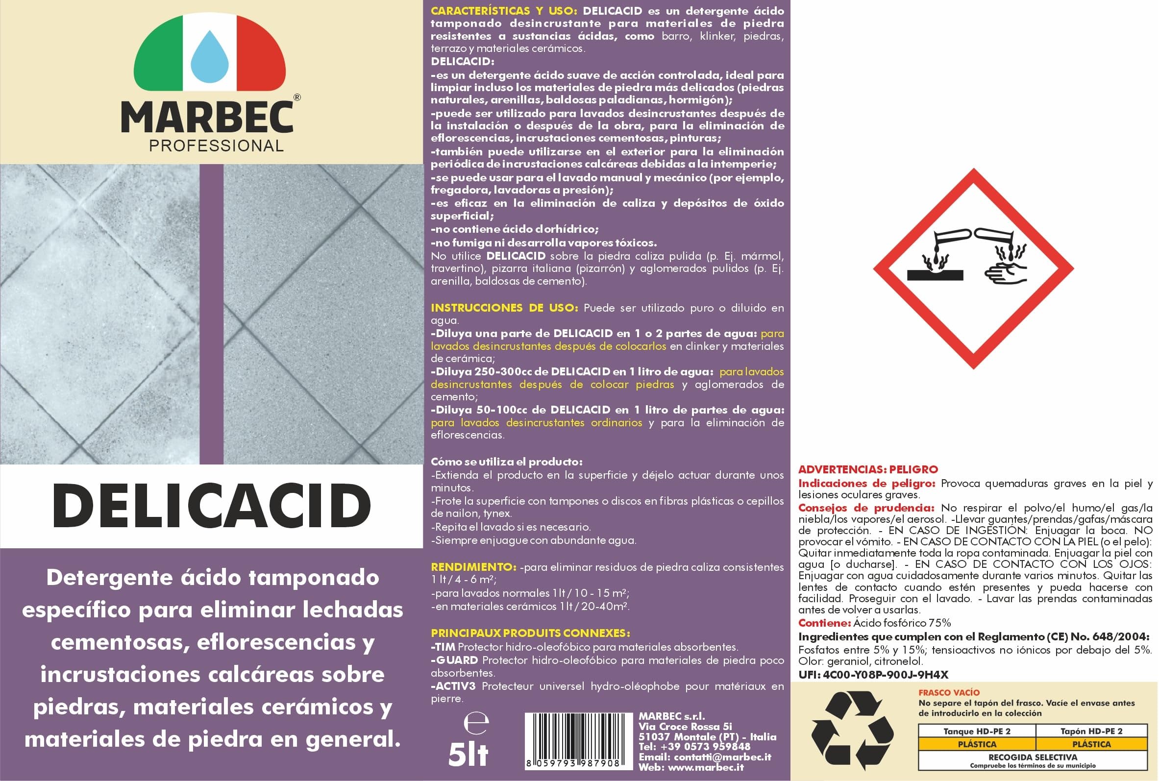 MARBEC DELICACID 5LTx4Uds Ácido tamponado delicado específico para piedras, cerámica y materiales lapídeos incluso delicados