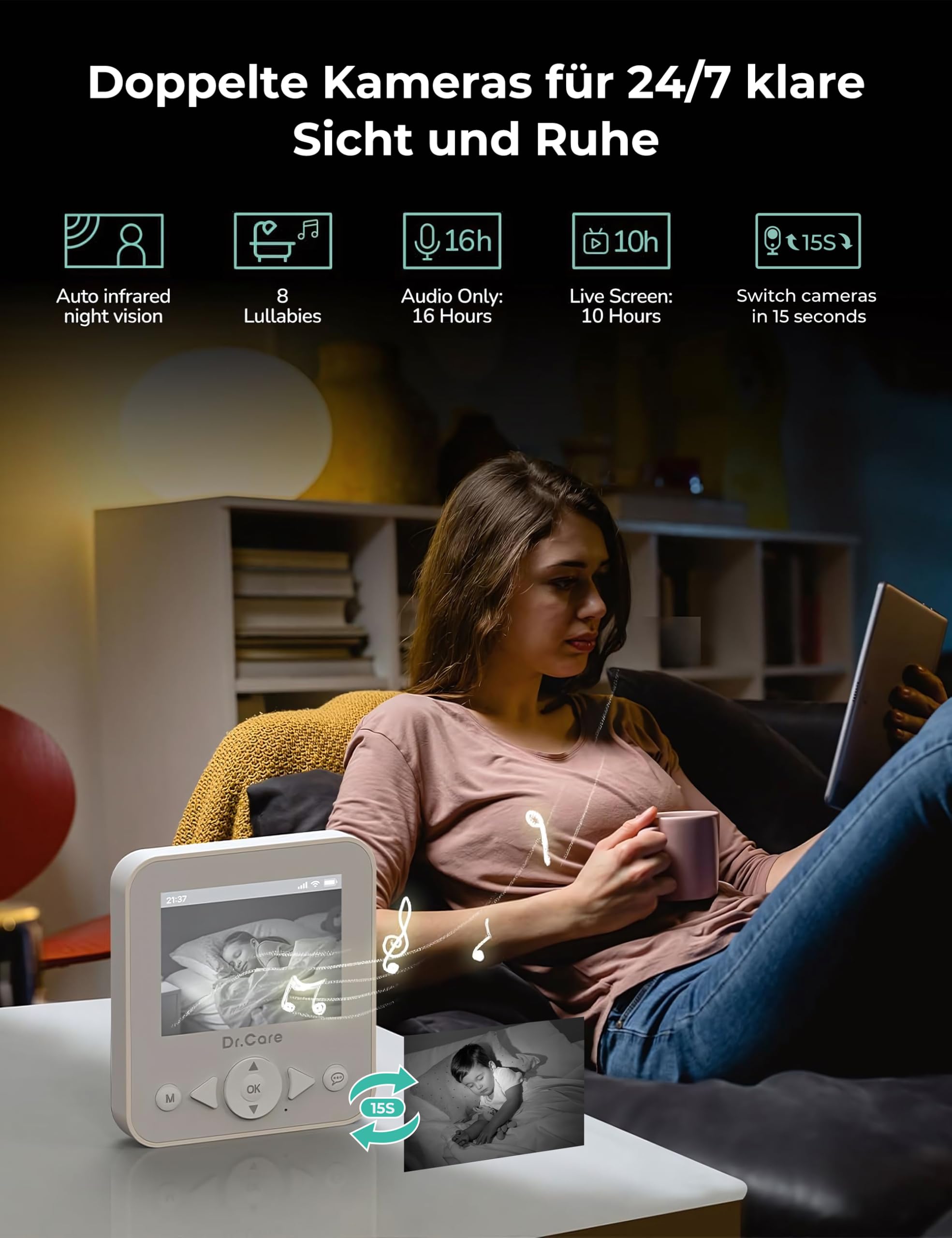 Dr.Care NeoView Video-Babyphone – 2,8" Display, 2-Wege-Audio, Video-Schleifenaufnahme, Nachtsicht, VOX, Temperatursensor, Schlaflieder, Gürtelclip, bis 128GB
