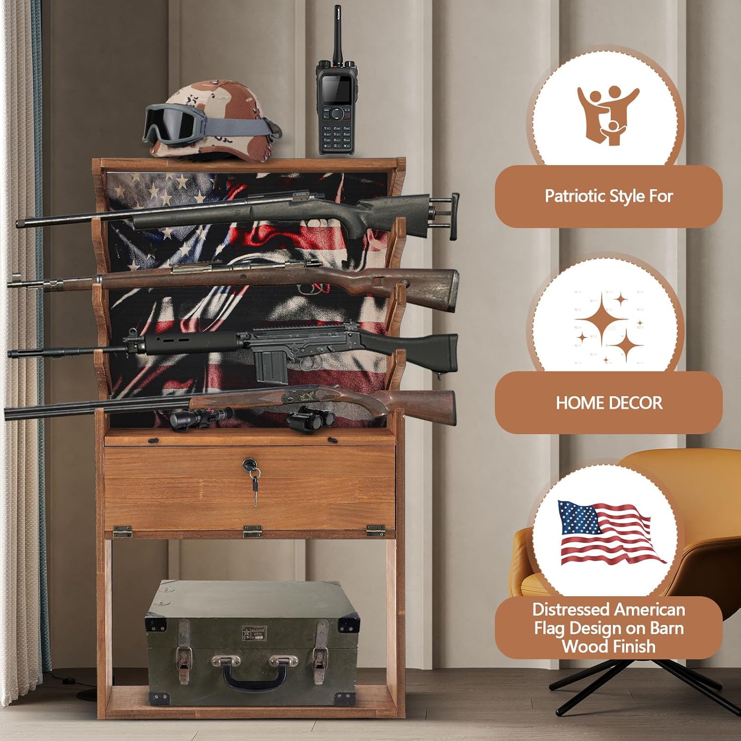 Patriotic Wooden Gun Racks for 4 Rifles, American Flag Horizontal Gun Display Stand Cabinet Shelf with Storage Compartment for Shotgun Accessories, 35 x 20 x 13 Inch