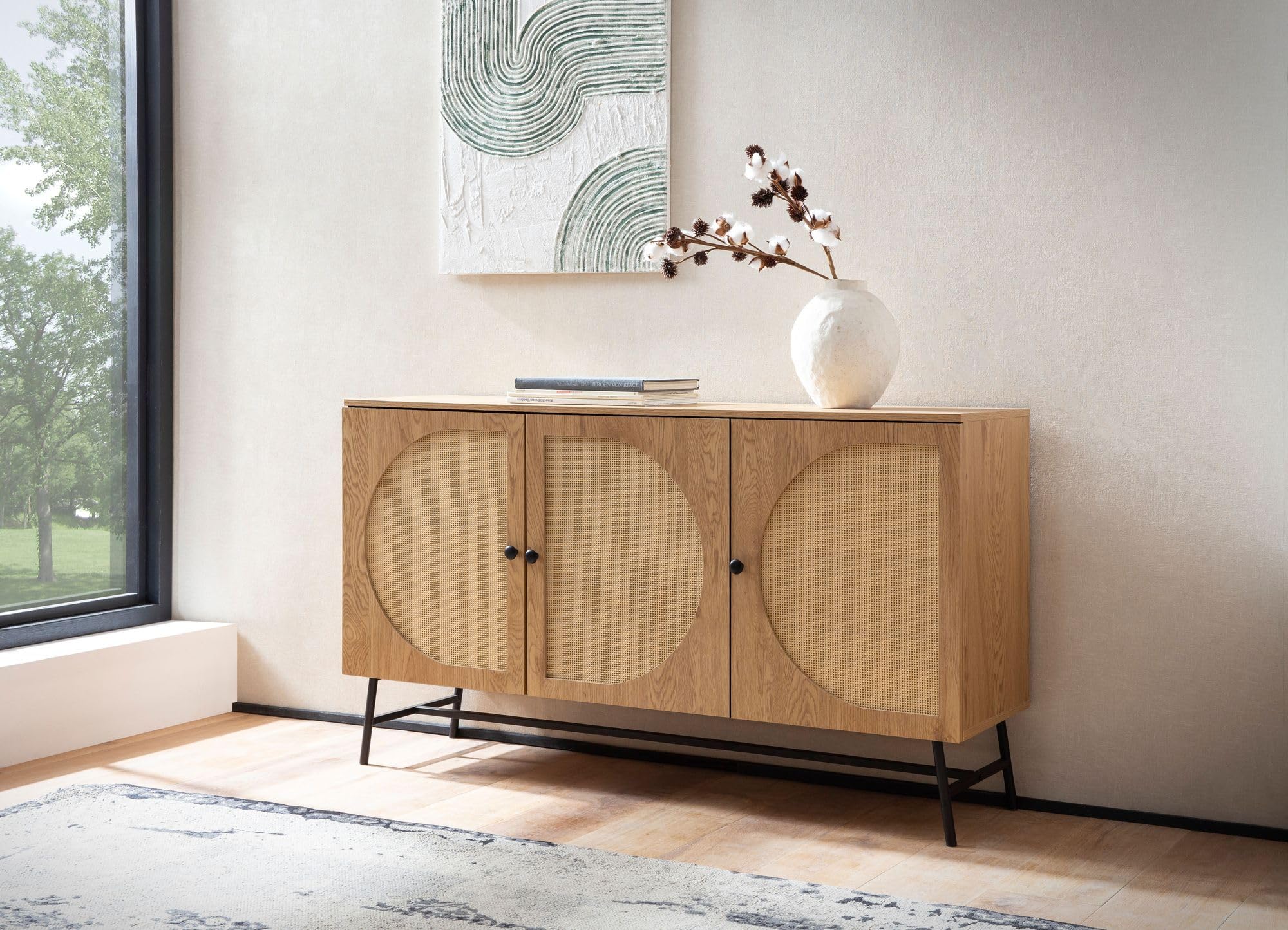 FineBuy Sideboard 140x39x80 cm Eiche-Dekor Rattan mit 3 Türen
