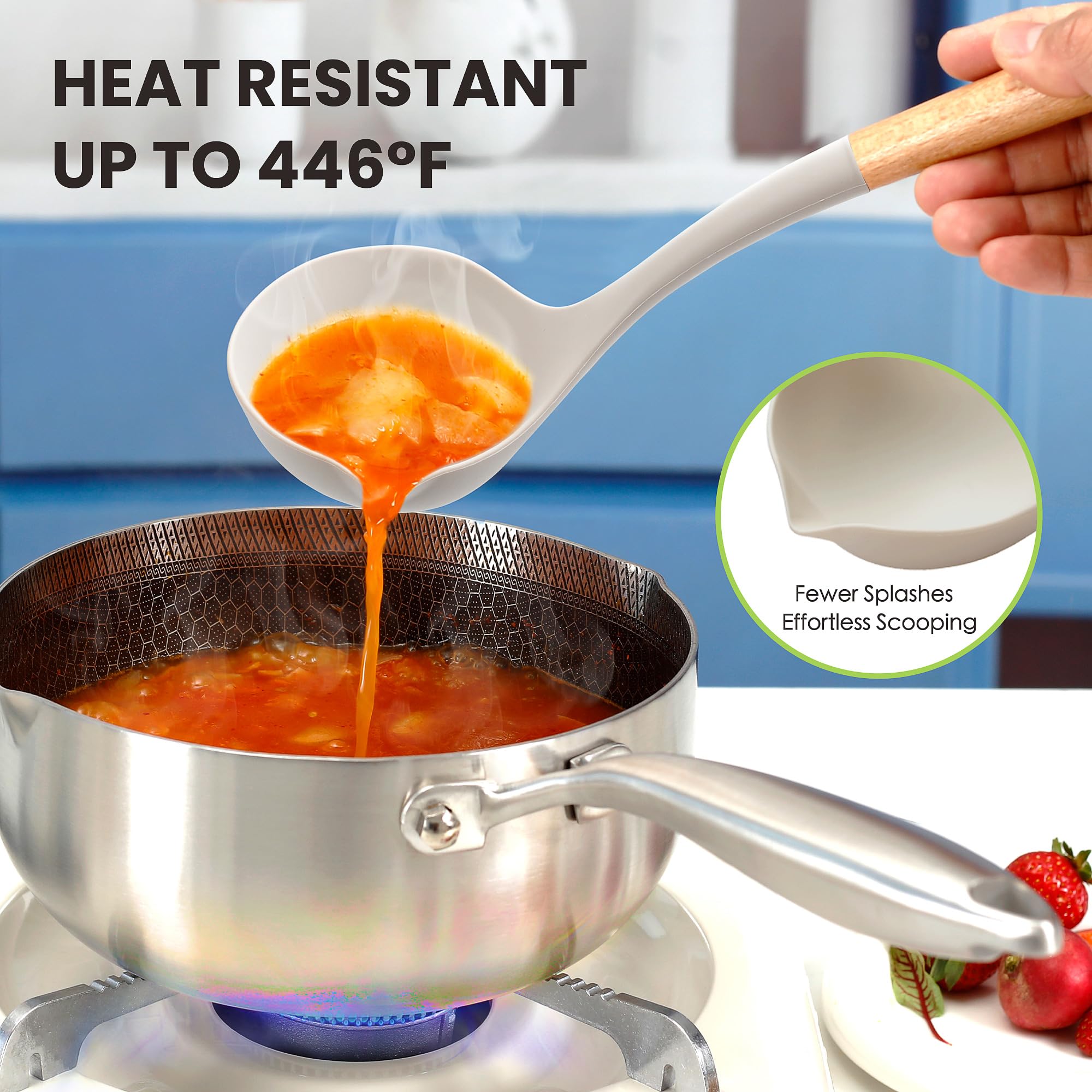 Juego de utensilios de cocina de silicona grandes, 7 piezas, asas de madera, resistentes al calor, utensilios de cocina de silicona de grado alimenticio con soporte, sin BPA, utensilios de cocina