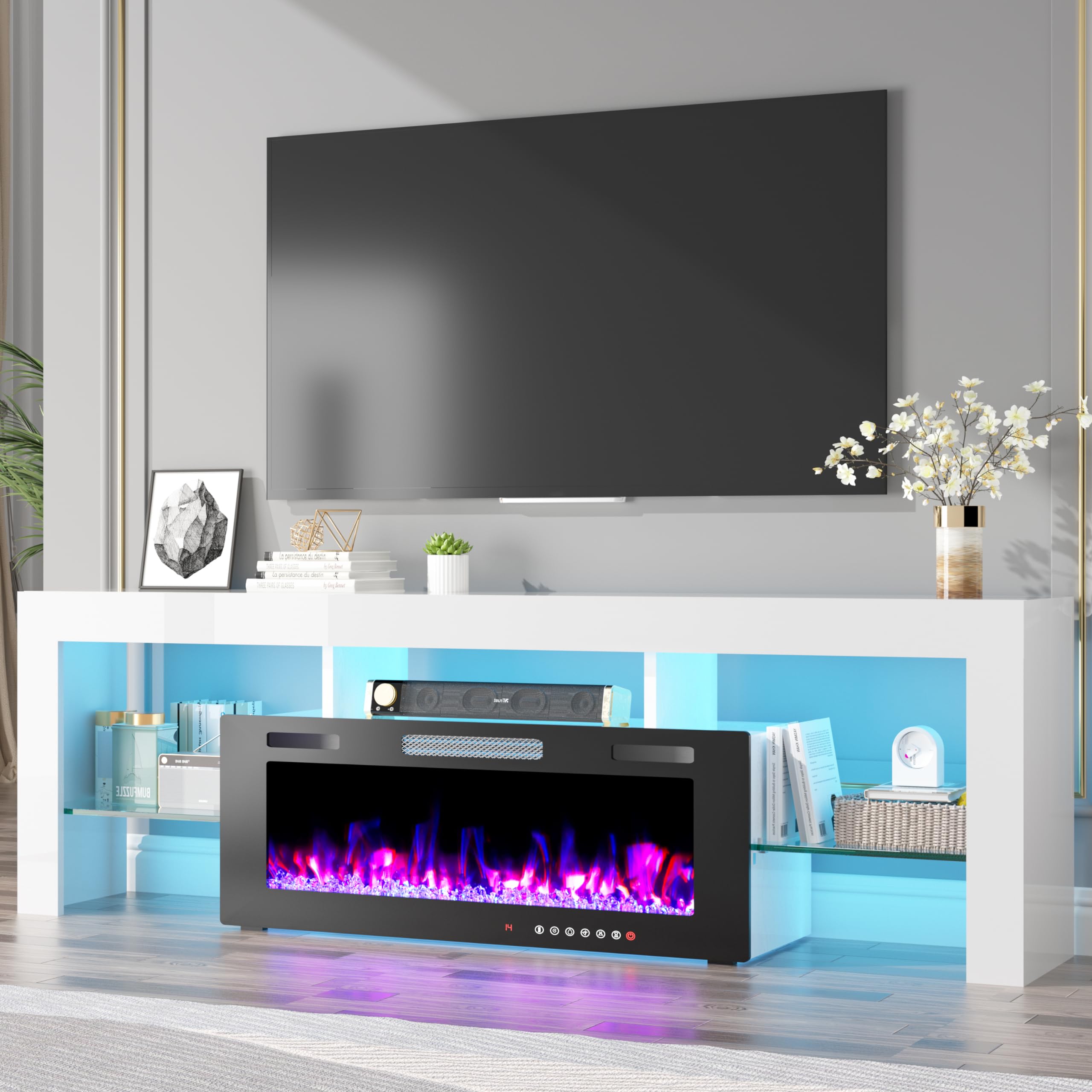 70" TV Stand with 36" Electric Fireplace,Gaming Entertainment Center 12 Flame Colors & 196 Color-Changing LED Lights and High-Gloss Cabinet for Living Room White