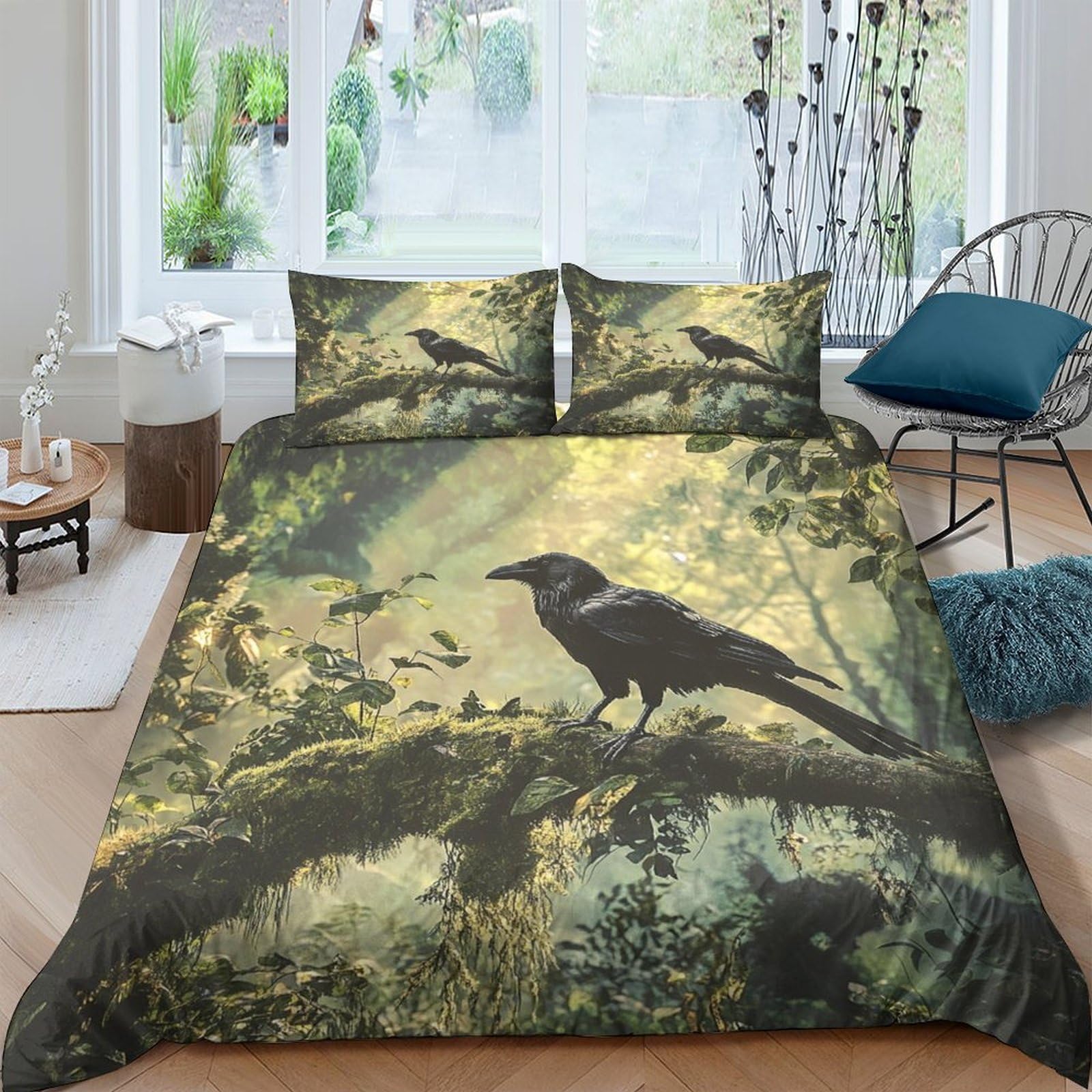 Ctjqhvkz Style-6 3D Printed Forest Raven Fitted Sheet Microfiber Soft Green Woodland Mattress Cover For Bedroom Home Decor Single（135X200cm）