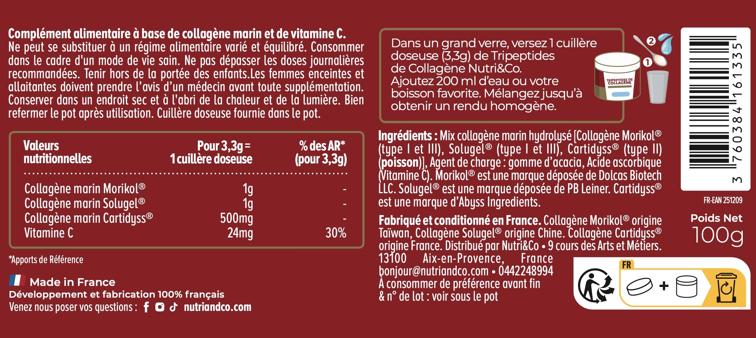 NUTRI & CO Tripeptides de Collagène + Vitamine C – Peptides Premium Biodisponibles 1000 DA – Morikol®, Solugel® Supra & Cartidyss® – 100g Goût Neutre 30jrs, Fabriqué en France