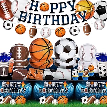 Miucat Sports Birthday Party Decorations Serve 24, Sports Themed Party Decorations 139Pcs, Basketball Football Baseball Rugby Plates and Napkins Kit for Boys