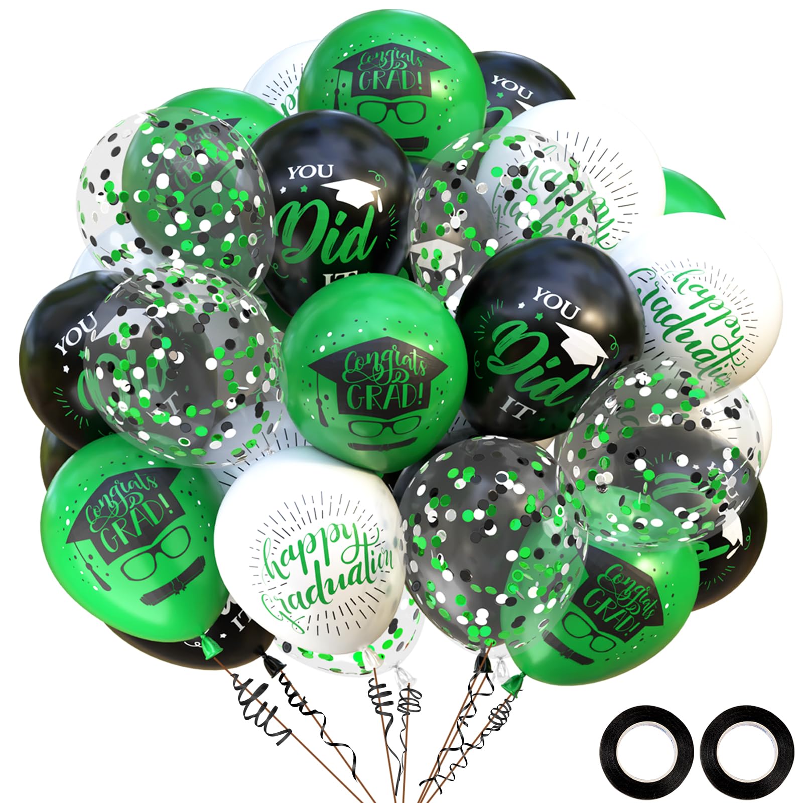 OuMuaMua 75 Pack Graduation Party Decorations Balloons Set - 12 Inch Black Green White Confetti Graduation Balloons with 2 Ribbons for Class of 2025 Congrats Grad Birthday Party Decor Supplies