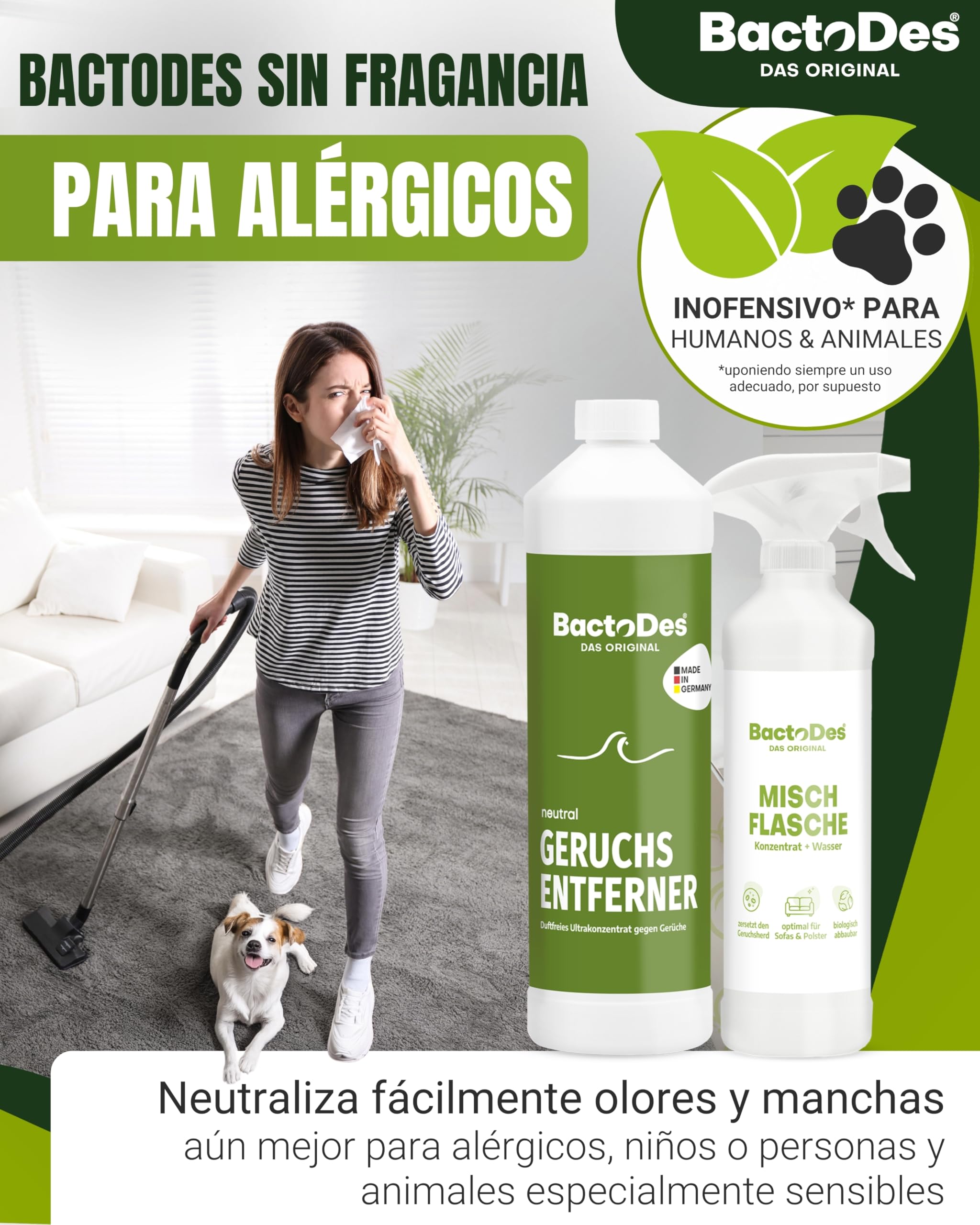 BactoDes Neutral Geruchsneutralisierer 1L I Geruchloser Enzymreiniger mit biologischer Mikrobenkraft & Tiefenwirkung inkl. Spray-Mischflasche I Effektiver Geruchsentferner für Haus, Auto & Textilien