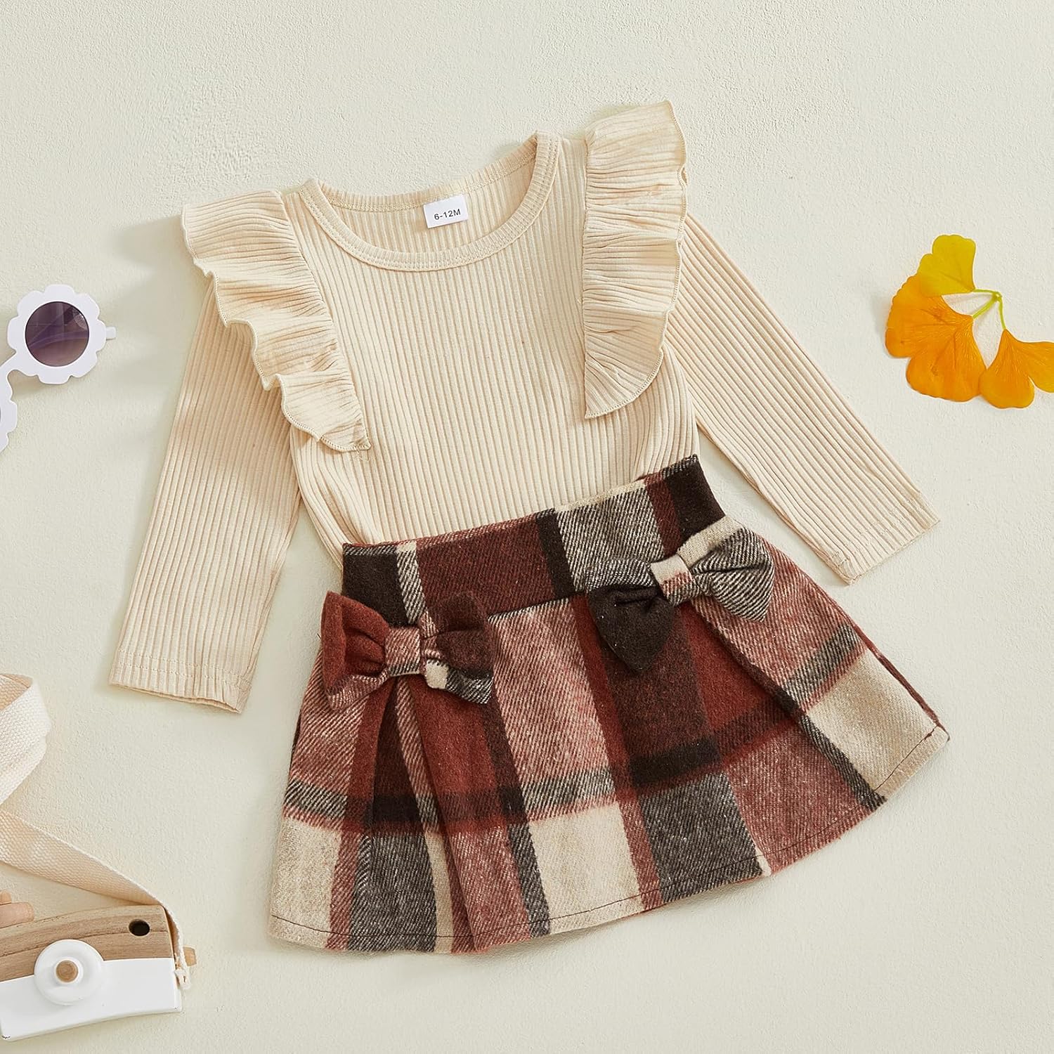 Toddler Baby Girl Skirt Outfits 6M-3T Long Sleeve Ruffle Knit Ribbed Shirt + Mini Flannel Plaid Skirt Fall Winter - Image 4