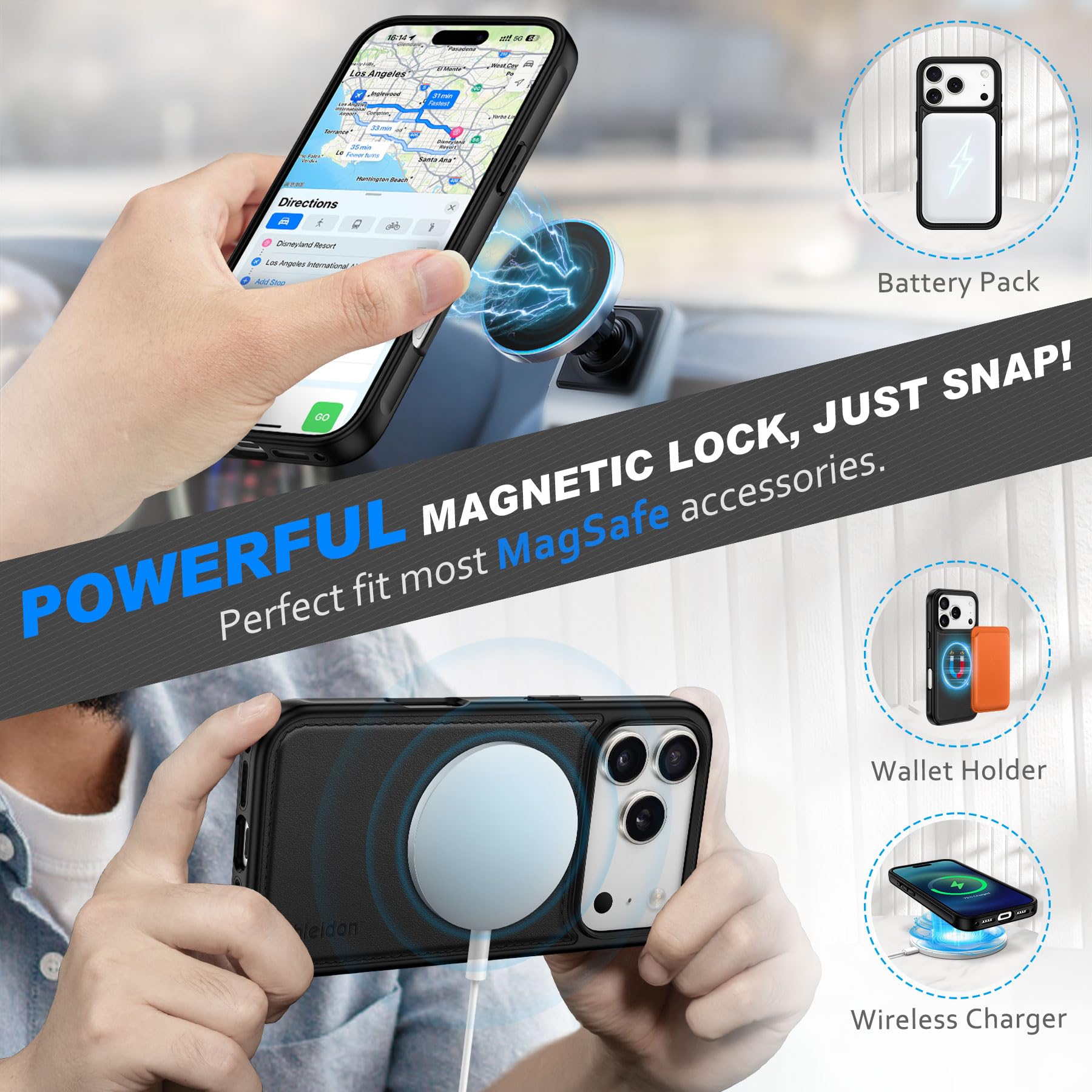 SHIELDON Hülle für iPhone 17 Pro 6,3" 2025, Echtleder Handyhülle [Abnehmbar] [Kabelloses Laden] [3 Kartenfach] [Ständer] [RFID Blocker] [Handy-Ösen] 2 IN 1 Magnet Klapphülle - Schwarz