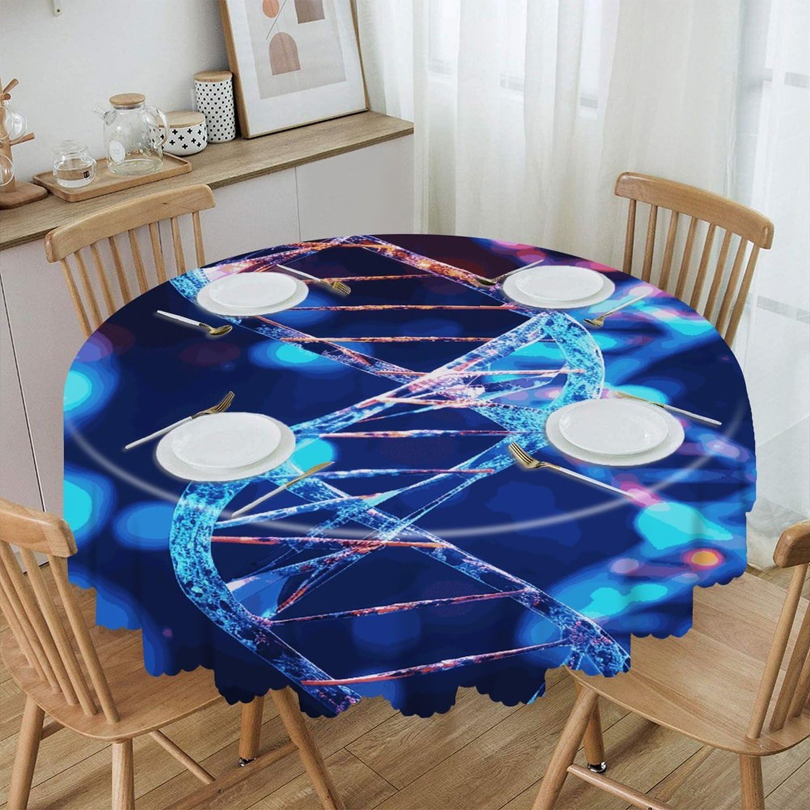 MUSM DNA Genetic Helix Table Cloths Round Wrinkle Resistant Tablecloths Washable Polyester Table Cover Waterproof Decorative Washable Rustic Circle Tablecover for Kitchen Dining