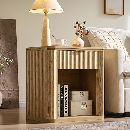 Miniatura 7 de T4TREAM Juego de 2 mesitas de noche grandes de mediados de siglo con cajón, mesa auxiliar, mesita de noche para dormitorio, sala de estar, roble