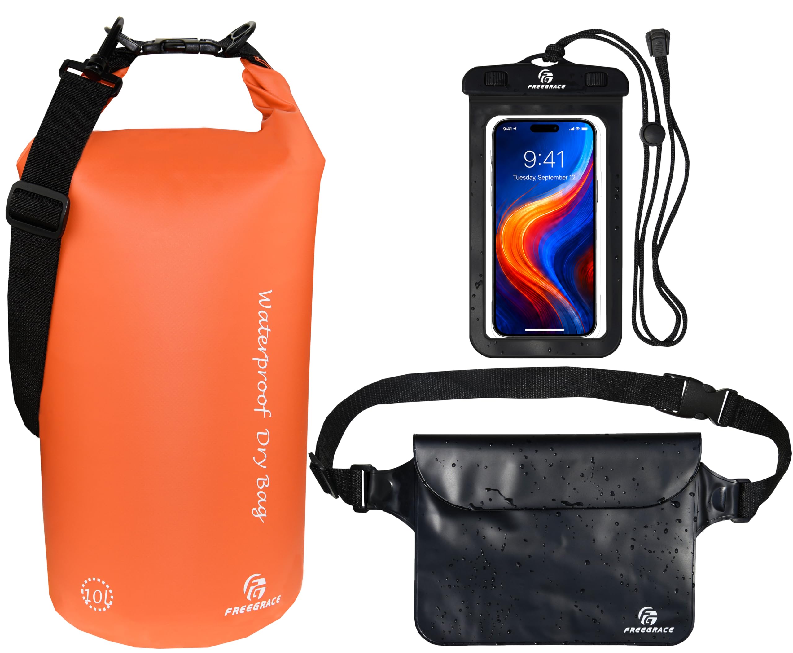 Freegrace Waterproof Dry Bag with Double Zip-Lock, Fanny Pack & Phone Case | 20L Orange | Submersible 500D tarpaulin dry sack | Crossbody + grab