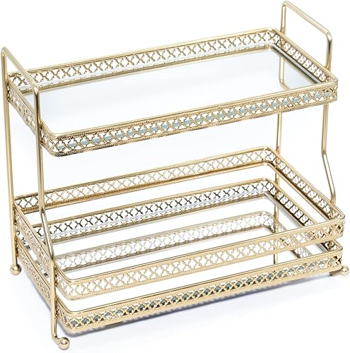 AQ Bandeja de tocador dorada, bandeja de espejo de 2 niveles para maquillaje, cuidado de la piel, bandeja de perfume para exhibición de colecciones,
