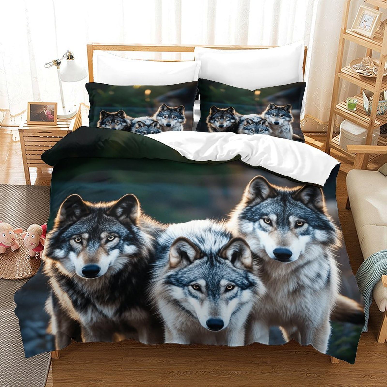 LILIlaobiao 3D Wolfpack Duvet Cover Set With Hidden Zipper, Apex Predator Quilt Cover Set with Pillowcases, Wolfpack Bedding Set Soft Microfiber for Kids Adults Double（200x200cm）
