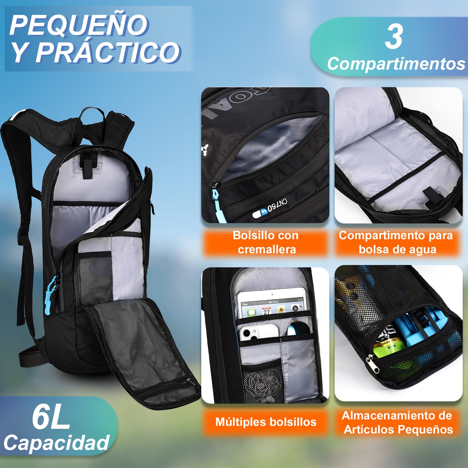 LOCAL LION Mochila Ciclismo 6L, Mochila MTB Ligera, Mochila Bicicleta Montaña Pequeña con Funda Impermeable para MTB|Bici|Enduro|Running|Moto|Ski|Esqui para Hombre y Mujer