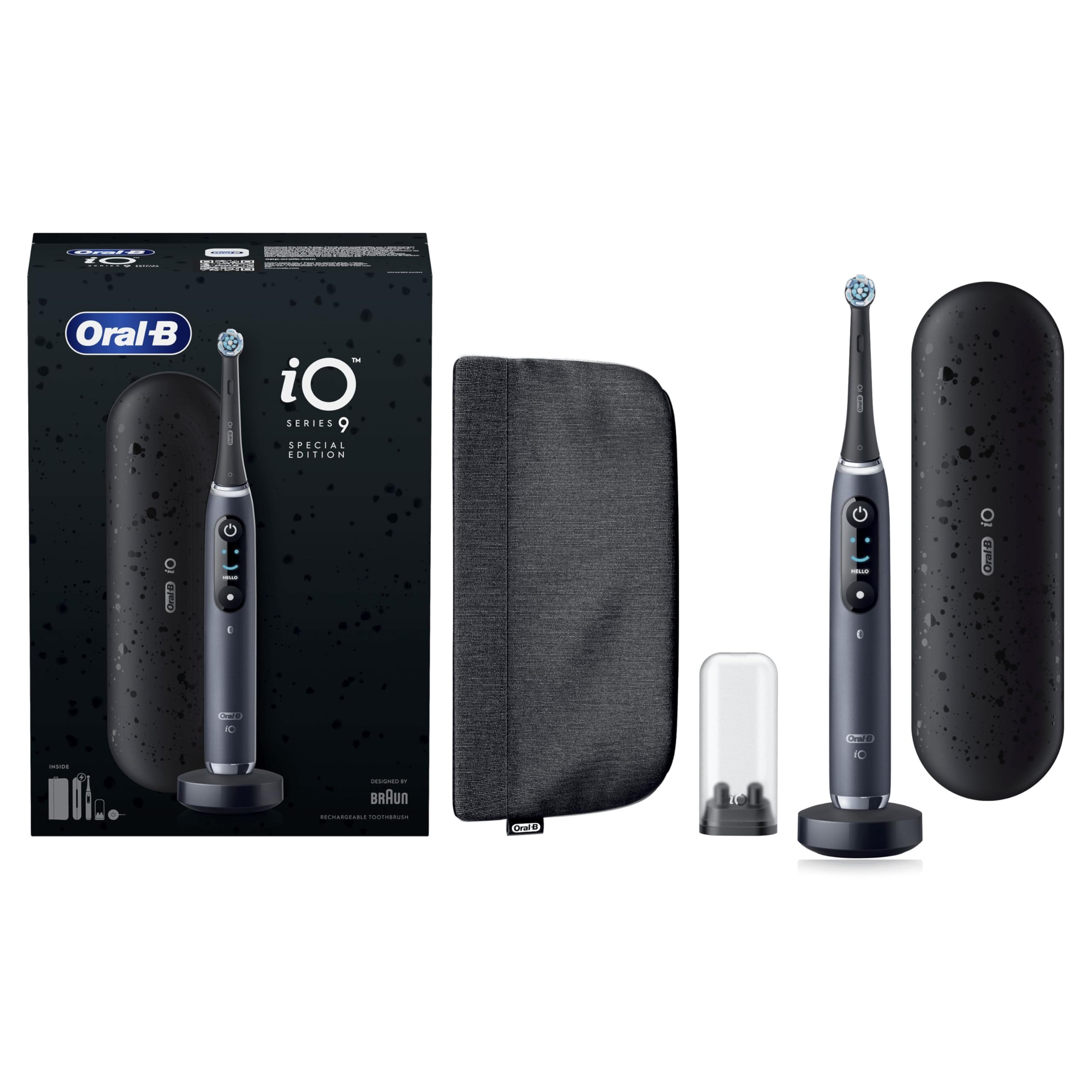 Oral-B Spazzolino Elettrico Ricaricabile iO 9 Nero Edizione Limitata, 1 Spazzolino elettrico, 1 Testine Oral B Di Ricambio, Custodia Da Viaggio, Astuccio Magnetico, Per Una Pulizia Denti Efficace