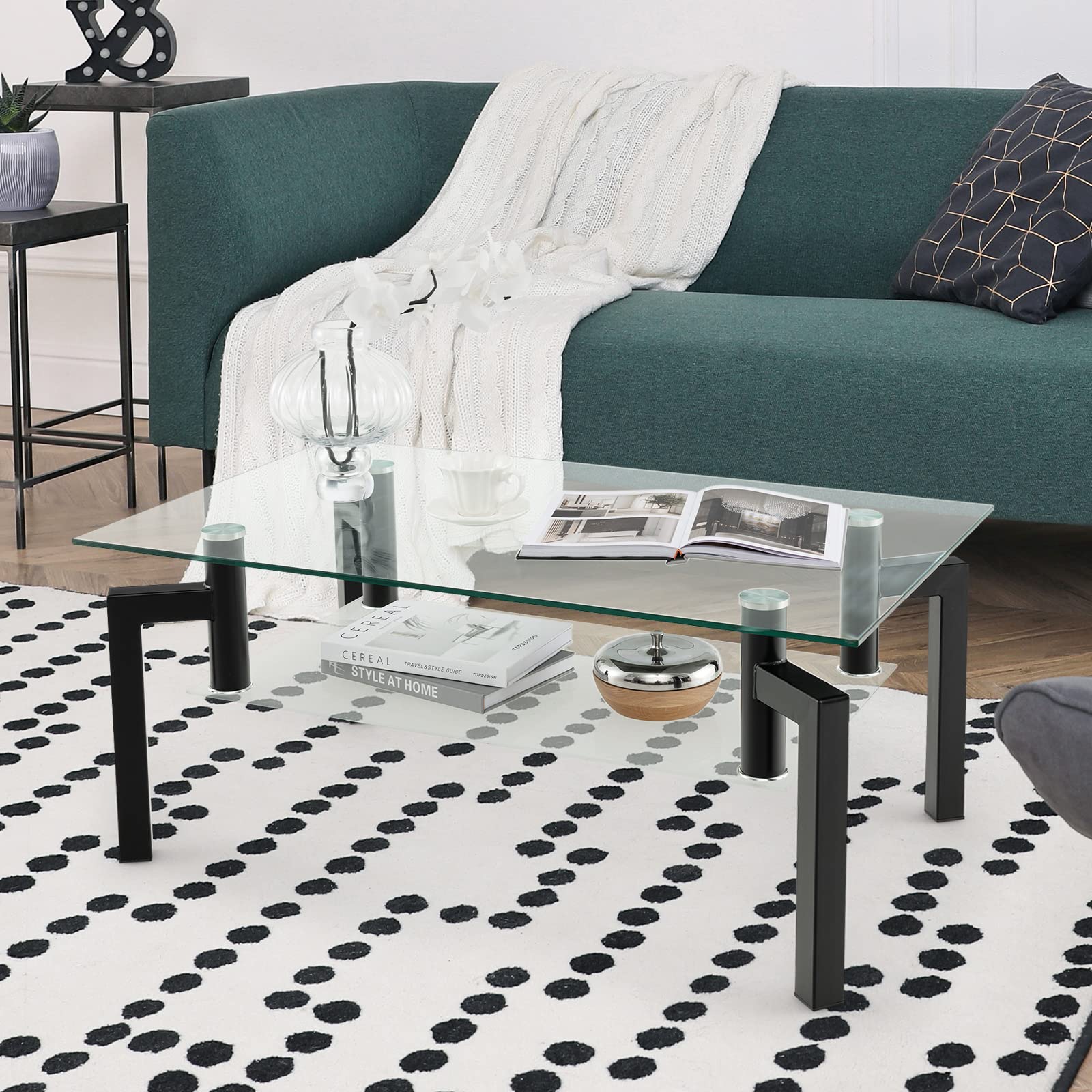 COSTWAY Tavolino da Salotto in Vetro Temperato Moderno, Tavolo Basso Rettangolare a 2 Livelli con Struttura in Metallo, Tavolino da Caffè per Soggiorno e Ufficio, 100 x 60 x 43 cm