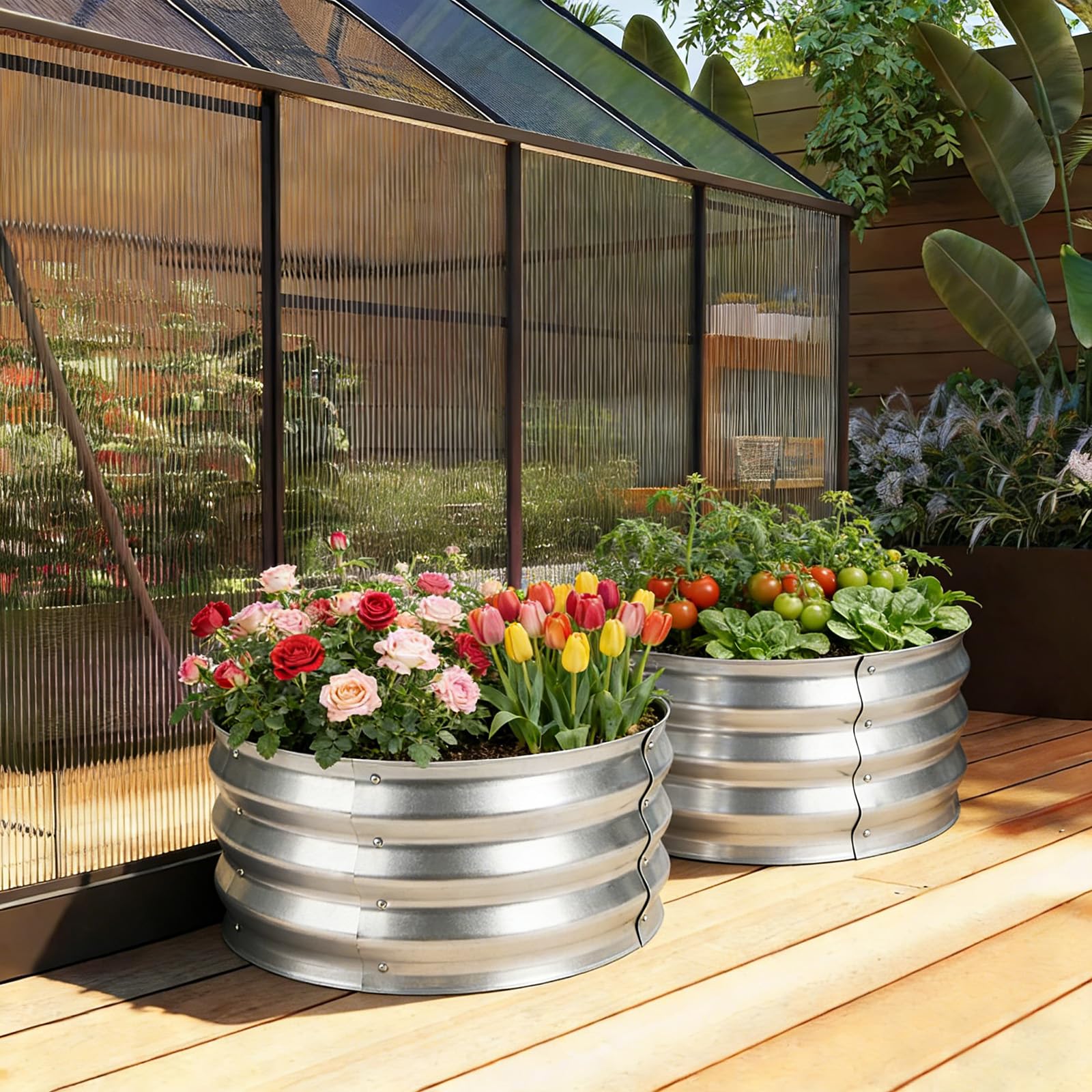 Huerto Elevado Redondo de Metal 2 Piezas, 60 x 60 x 30 cm Plateado, Jardinera Elevada con Tela de Plantación y Guantes, Macetero para Hierbas Aromáticas, Verduras, Flores, Balcón y Terraza