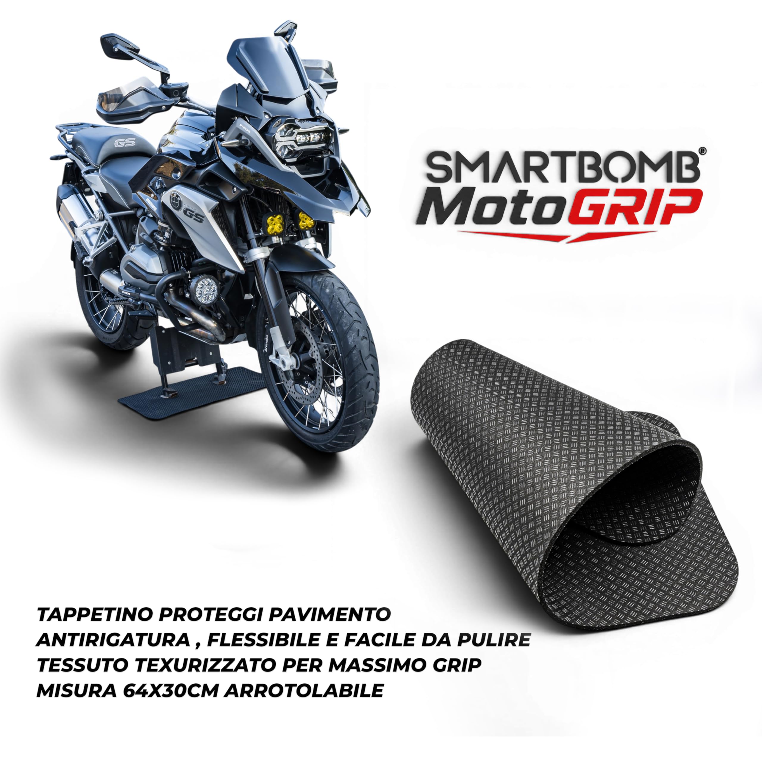 Smartbomb® MotoGrip – Tappetino Protettivo Antiscivolo per Cavalletto Centrale Moto e Scooter Proteggi pavimento in Silicone resistente 6mm 64x30cm