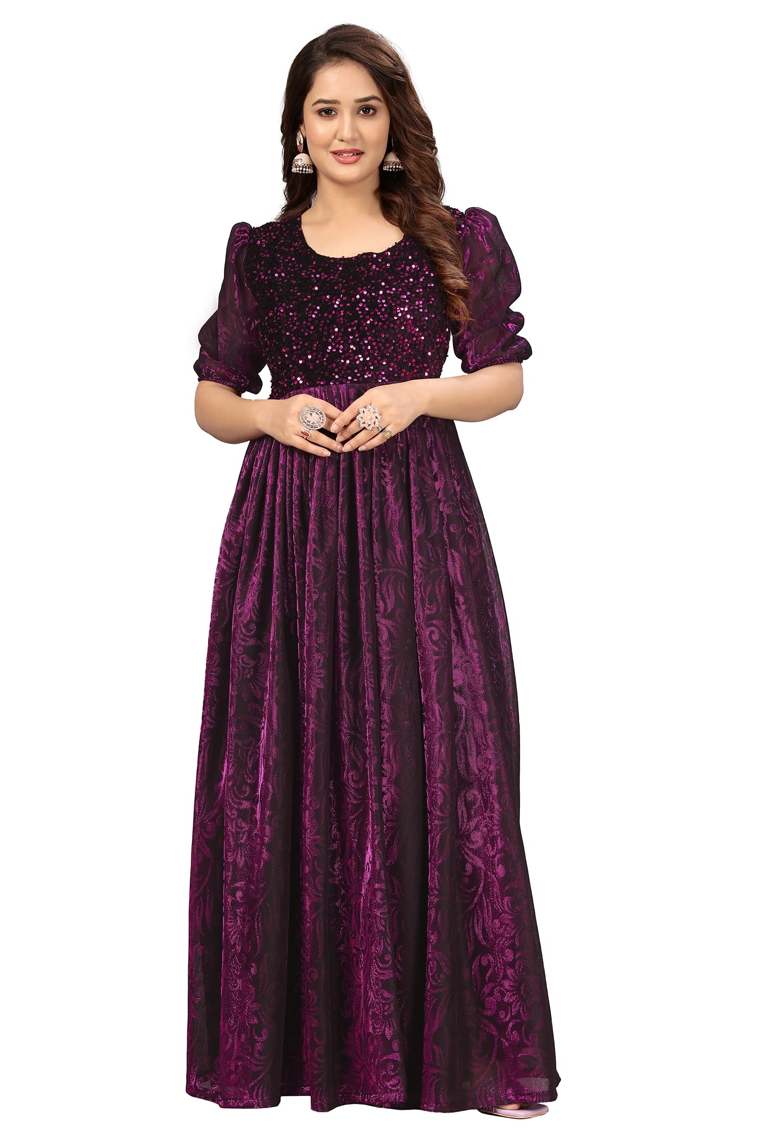 Elegant Women's Long Gown | Anarkali Style | Flared Floor-Length Dress | Floral Emboss Print | Sequence Embroidery