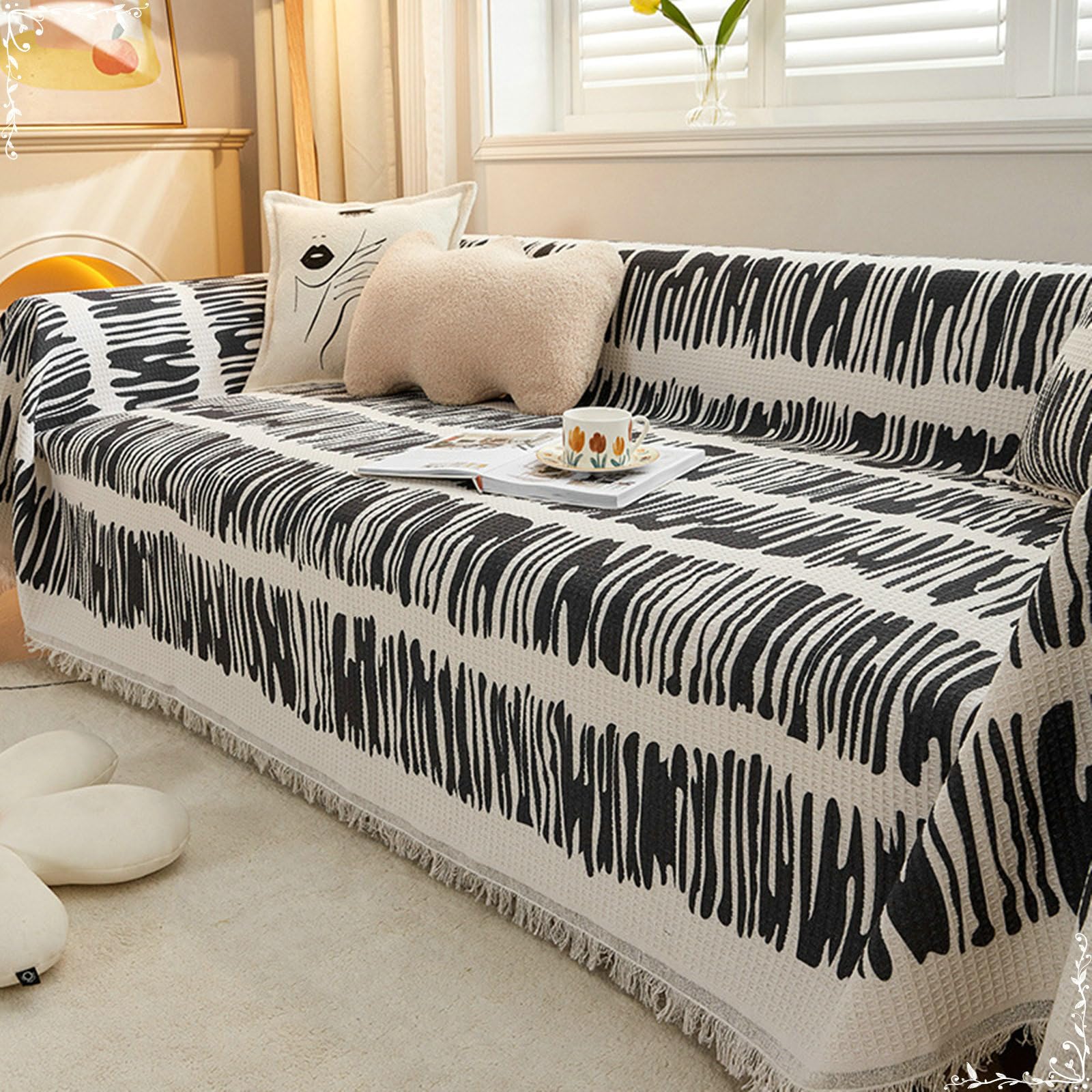 KnSam Housse de Canapé, Plaid Coton Lin, 180x260CM, Noir, Motif Graphique Gaufré, Couverture Décoration Protection, Anti Griffe de Chat Chien, Convient à 2 Places