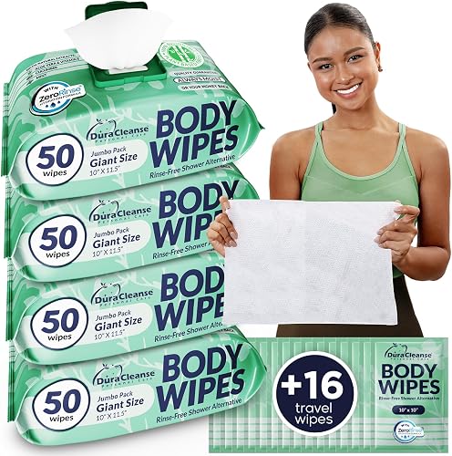 Body Wipes for Women, Extra Moist No Rinse Bathing Sheets 4pk, 200 XL Shower Cloths + 16 Deodorizing Bath Wipes -10 x 11.5" Travel Size Essentials,Toiletries for Womens Hygiene & Post Workout Cleanup