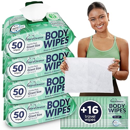 Miniatura 7 de Dura Cleanse Toallitas Corporales XL para Adultos – Baño Sin Enjuague, 50 Unidades + 4 Hojas de Ducha de Viaje, Paños Desechables Gruesos de 10" x