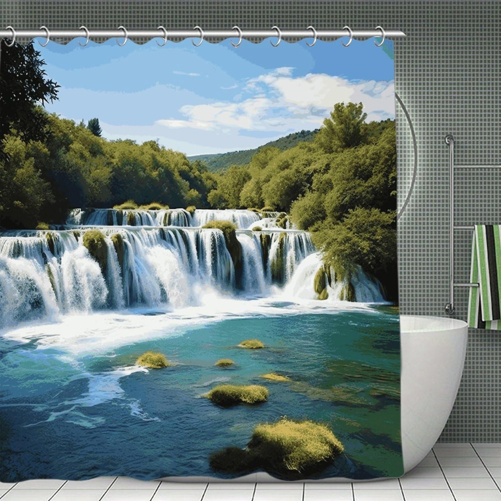 FekiLoot Waterfalls on Krka River Shower Curtain with Hooks Modern Farmhouse Bathroom Curtain Waterproof Cloth Bath Curtains Cute Washable Blackout Privacy Curtains for Bathroom Bathtub 70.8"x70.8"