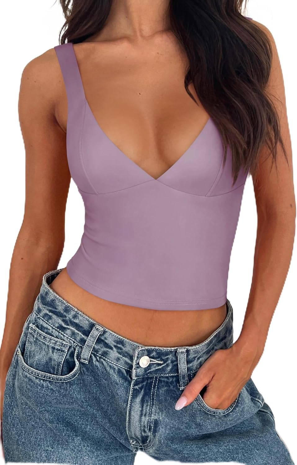 REORIA Women's Summer Sexy Deep V Neck Sleeveless Slim Fit Trendy Y2k Corset Cami Crop Tank Tops