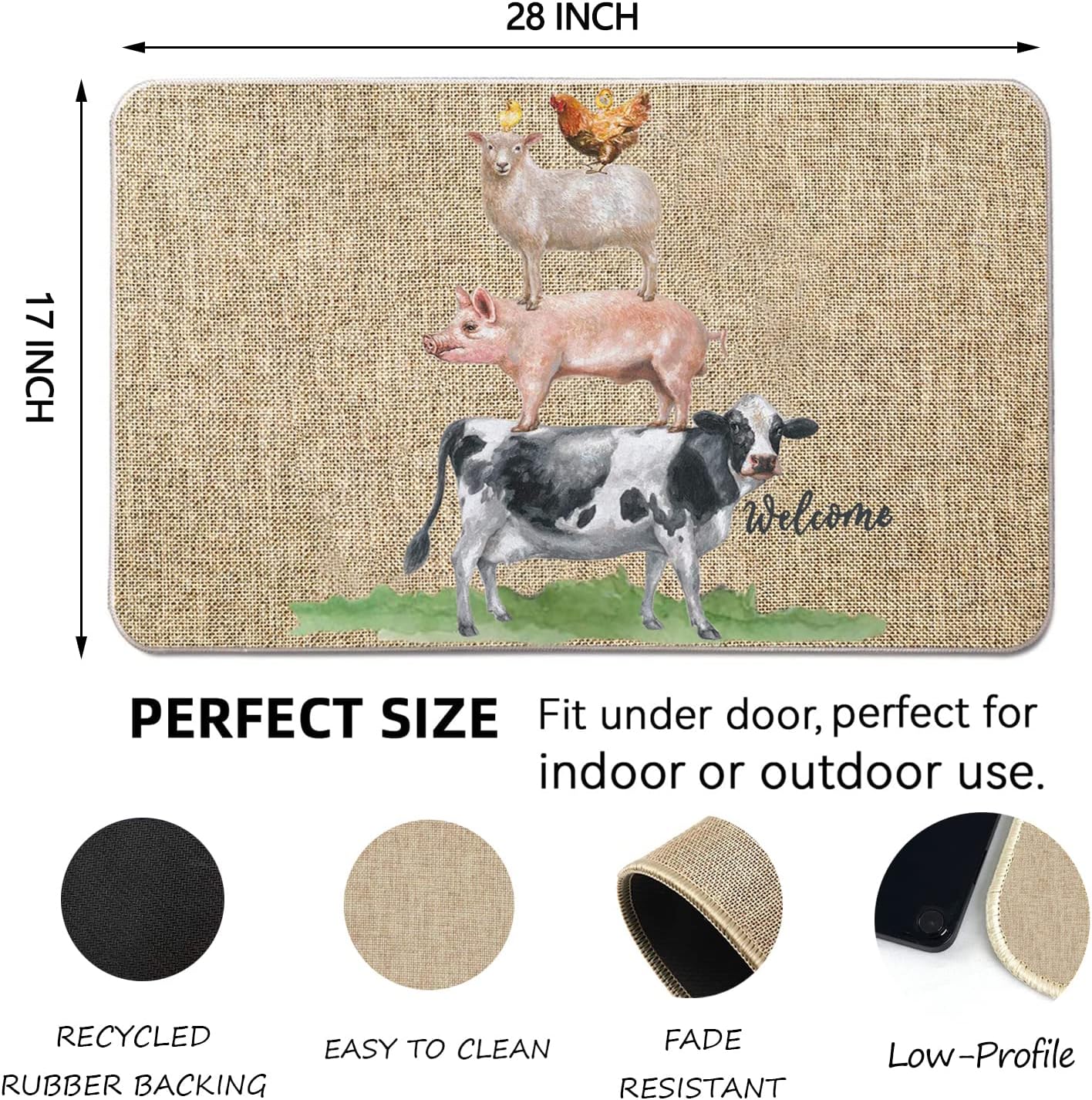 Welcome Mats for Front Door Rustic Farmhouse Door Mat Chicken Sheep Pig Cow Doormat Home Farm Floor Mat Non Slip Rubber Entrance Rug for Indoor Outdoor 17x28 inch