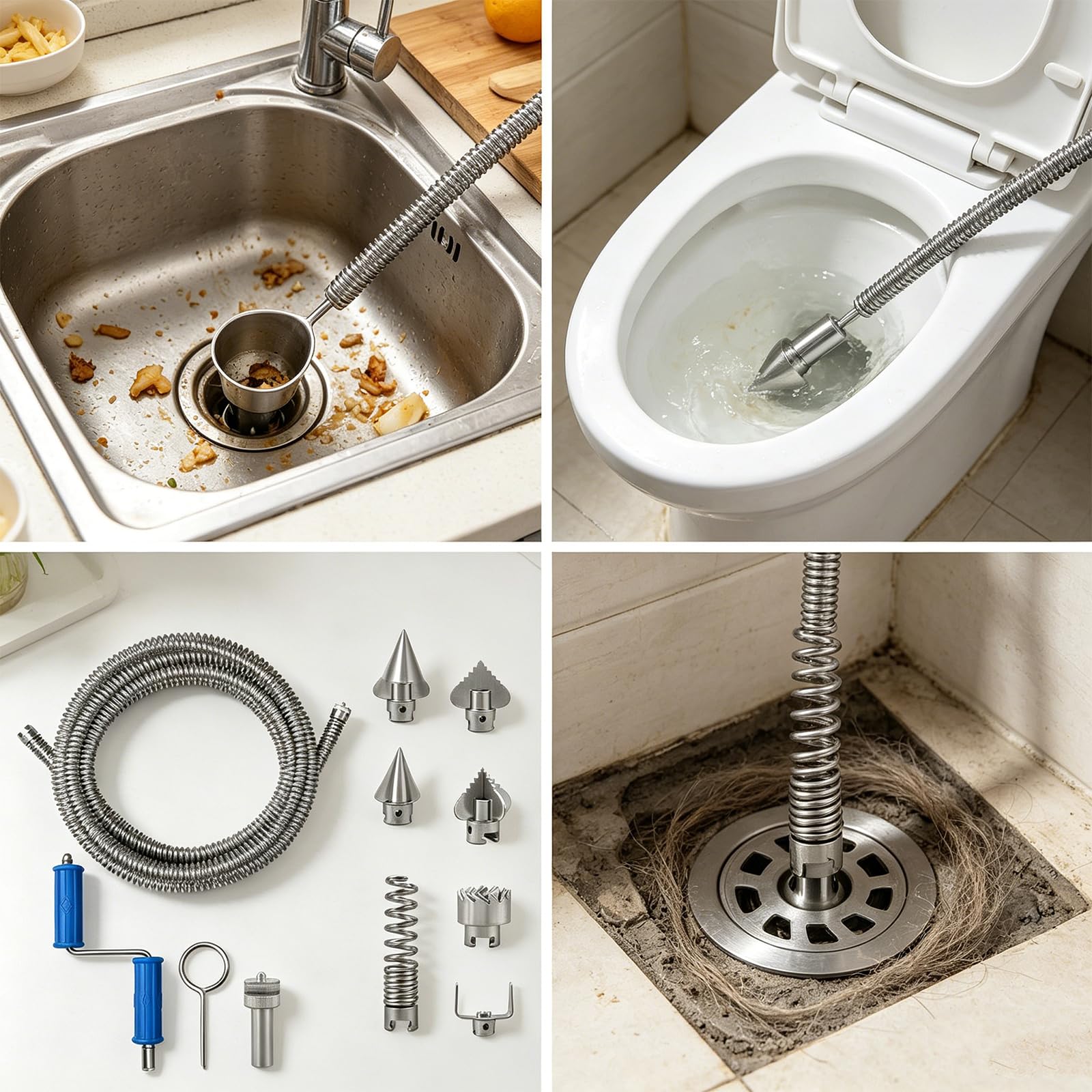 Set di 10 attrezzi per sbloccare tubi ad alta resistenza, con diametro di 12 mm, serpenti idraulici per la casa, la manutenzione degli impianti idraulici, lo scarico e lo sblocco