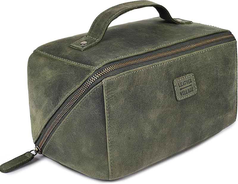 Necessaire de viagem em couro LEATHER VILLAGE com compartimentos, cor Olive