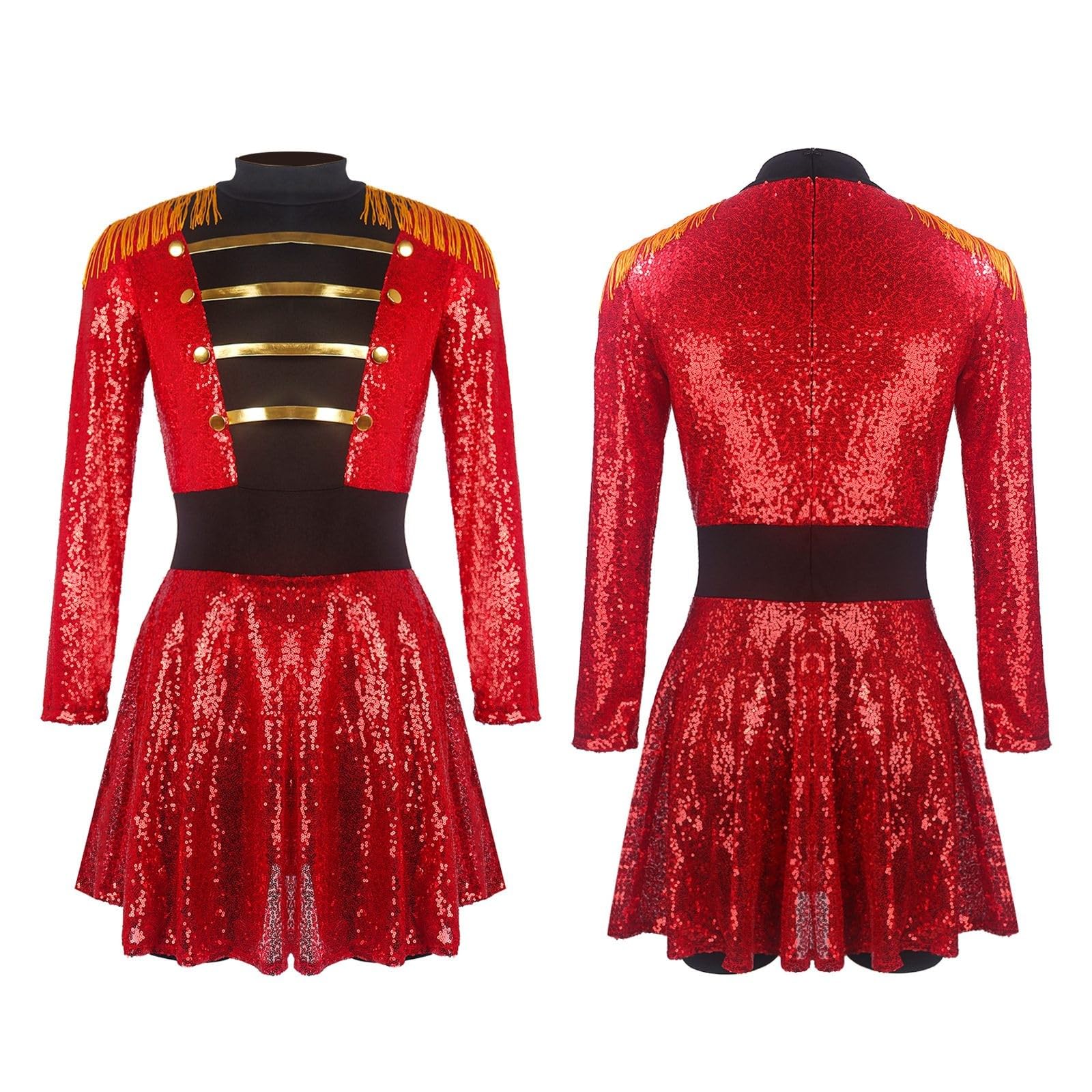 Vestito da donna, costume da circo, con paillettes, gonna a pieghe, a maniche lunghe, con frange, direttore del circo, costume da ballo da donna
