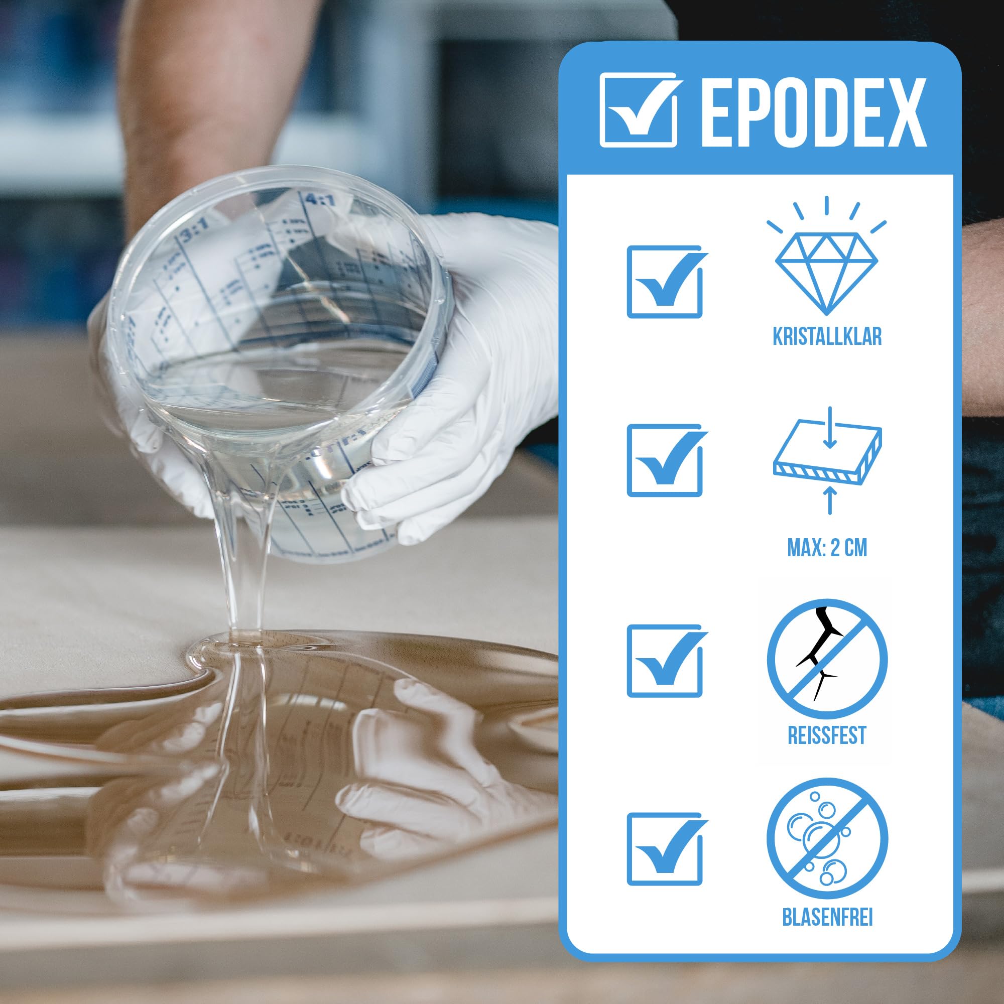EPODEX Epoxidharz Set PRO, bis 2cm, CLEAR - Transparent, 1,5kg | Kristallklares Epoxy Resin Set, Harz Gießen Set, Resin-Kunst (Resin Art), Doming, Schmuck, kleine Form- und Gussteile, uvm