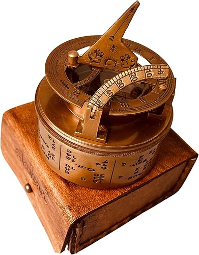 ALADEAN Reloj de reloj de sol de latón vintage, brújula náutica antigua, reloj de reloj de sol en caja de regalo de cuero de recuerdo, reloj de sol