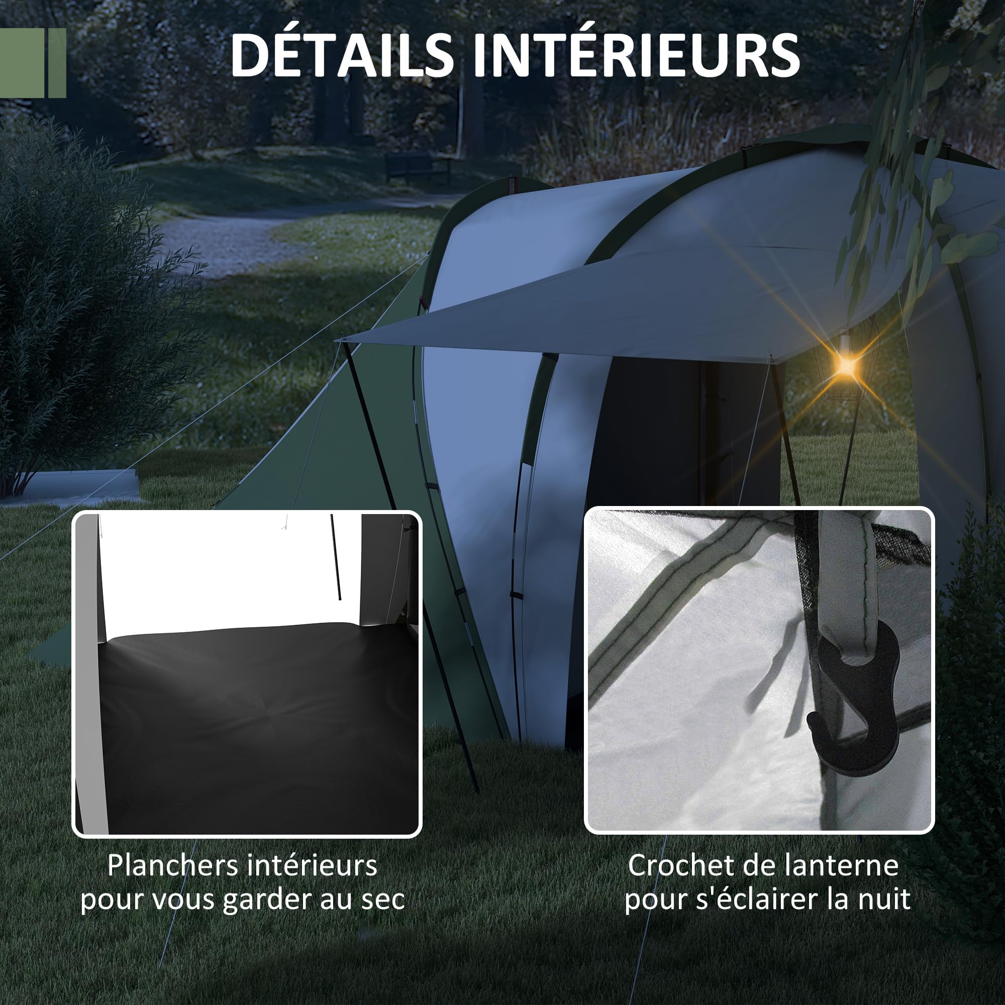 Outsunny Tente Tunnel Tente de Camping familiale 4-6 pers. légère ventilée Facile à Monter - 2 Grandes Portes 5,55 x 2,25 x 1,9 m Fibre Verre Polyester, Gris et Vert
