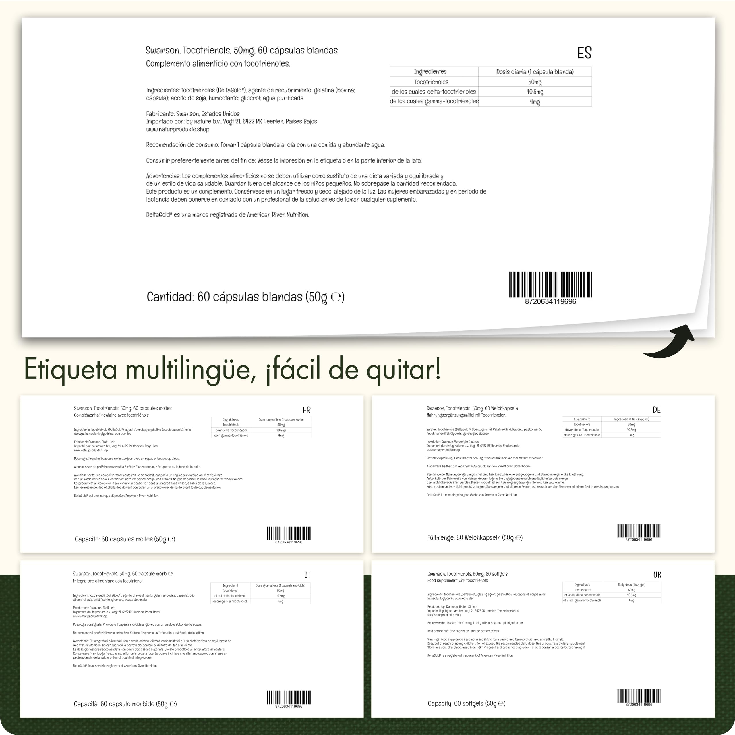 Swanson, Tocotrienoles, Vitamina E, 60 Cápsulas blandas, Altamente Dosificadas, Probadas en Laboratorio, Sin Gluten, Sin OGM