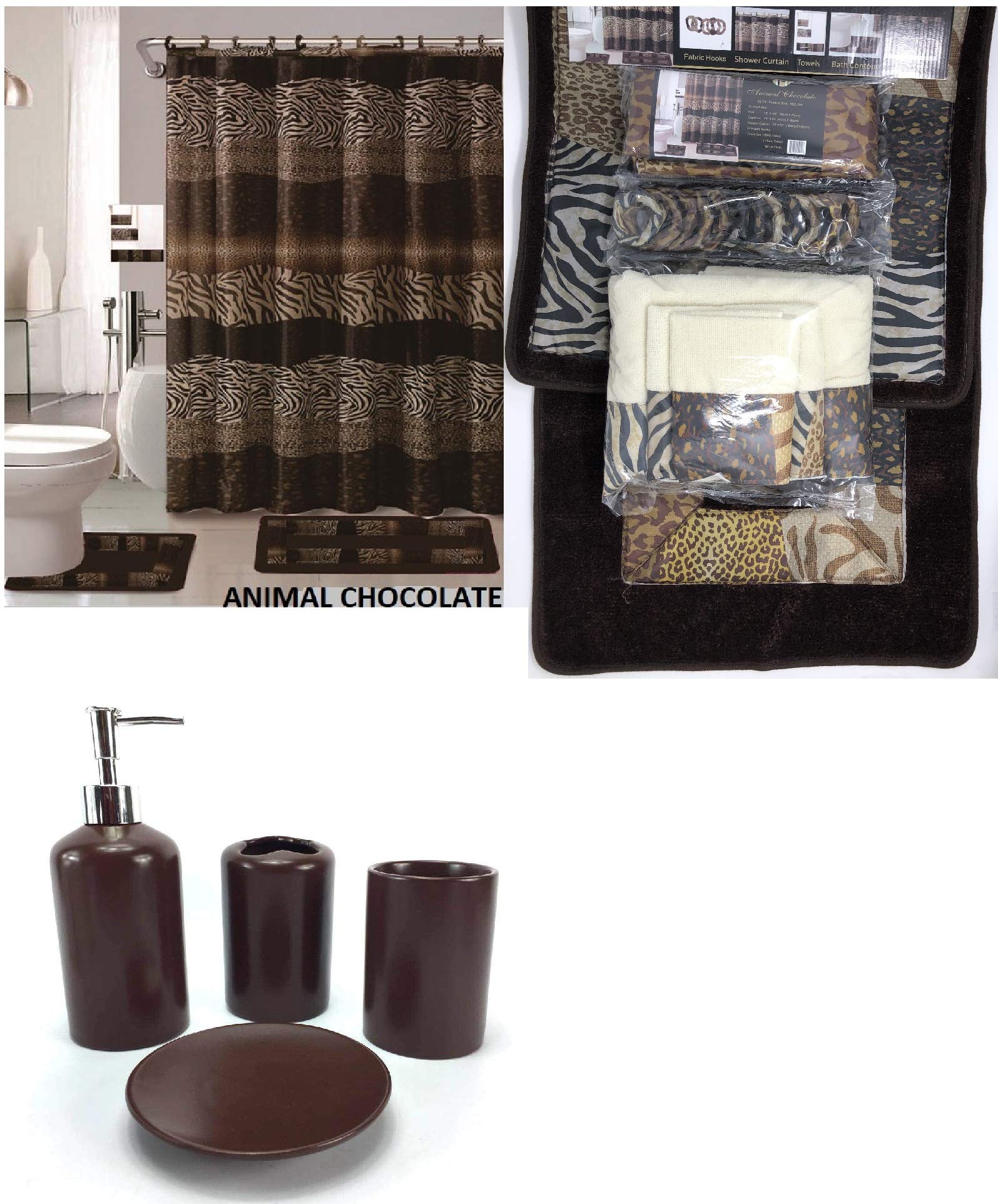 WPM WORLD PRODUCTS MART 22 Piece Bathroom Accessories Set: Complete Bath Decoration Include Bath Mats, Shower Curtain, Towels, Ceramic Toothbrush Holder/Cup/Soap Pump/soap Dish (Animal Coffee)