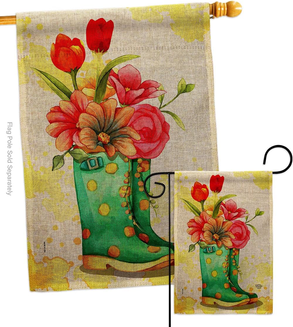 Spring Boots House Flag Garden Floral Sunflower Tulip Rose Orchid Lilies Season Springtime Flower Wreath Small Decorative Gift Yard Banner Made In USA 28 X 40