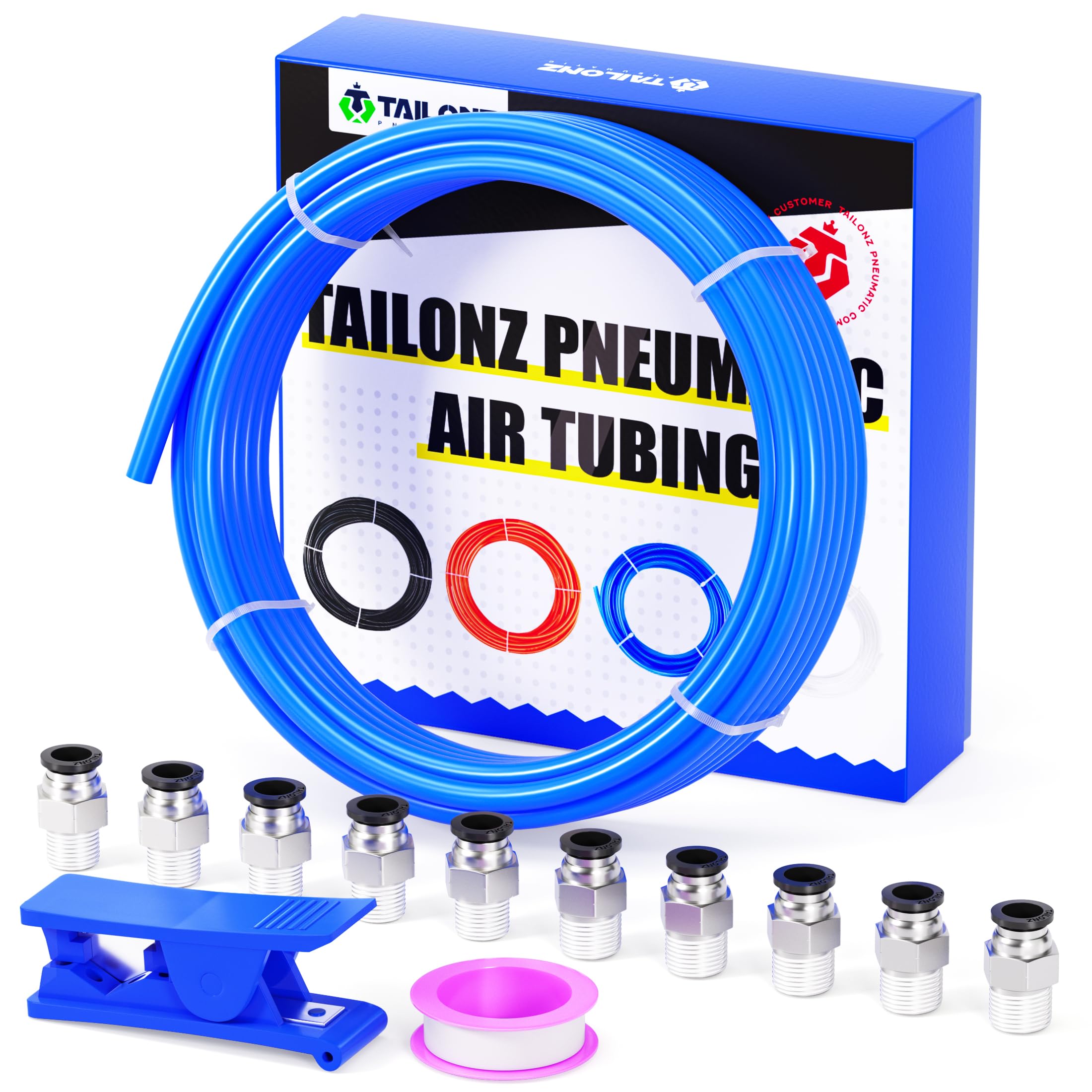 Kit Tuyau Pneumatique PU 10m 12x8mm Noir + 14 Raccords Rapides - Idéal Air Comprimé Et Freinage